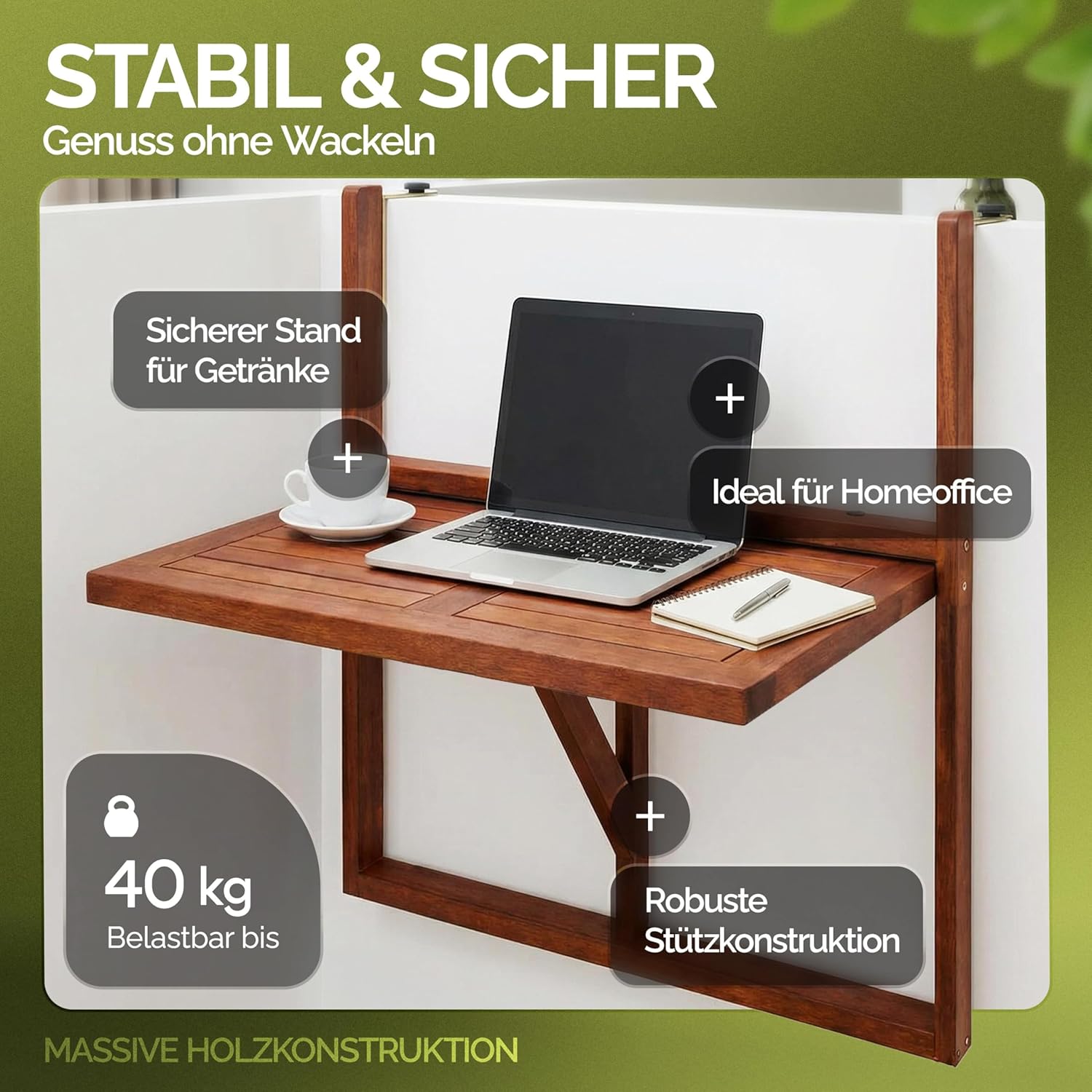 Casaria® Balkontisch klappbar wetterfest Holz FSC®-Zertifiziert 40kg Belastbarkeit 65x45cm Klapptisch Balkon Garten Tisch Geländer Terrasse Akazie — Ansicht 5