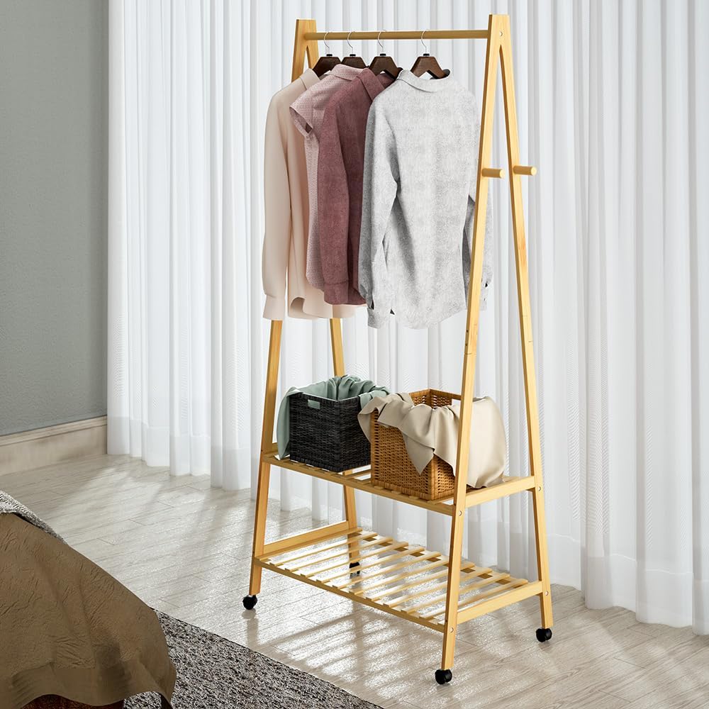 Casaria® Bambus Kleiderständer auf Rollen stabile Kleiderstange mit Ablagen & Haken platzsparender Garderobenständer aus Holz für Flur & Schlafzimmer — Ansicht 6