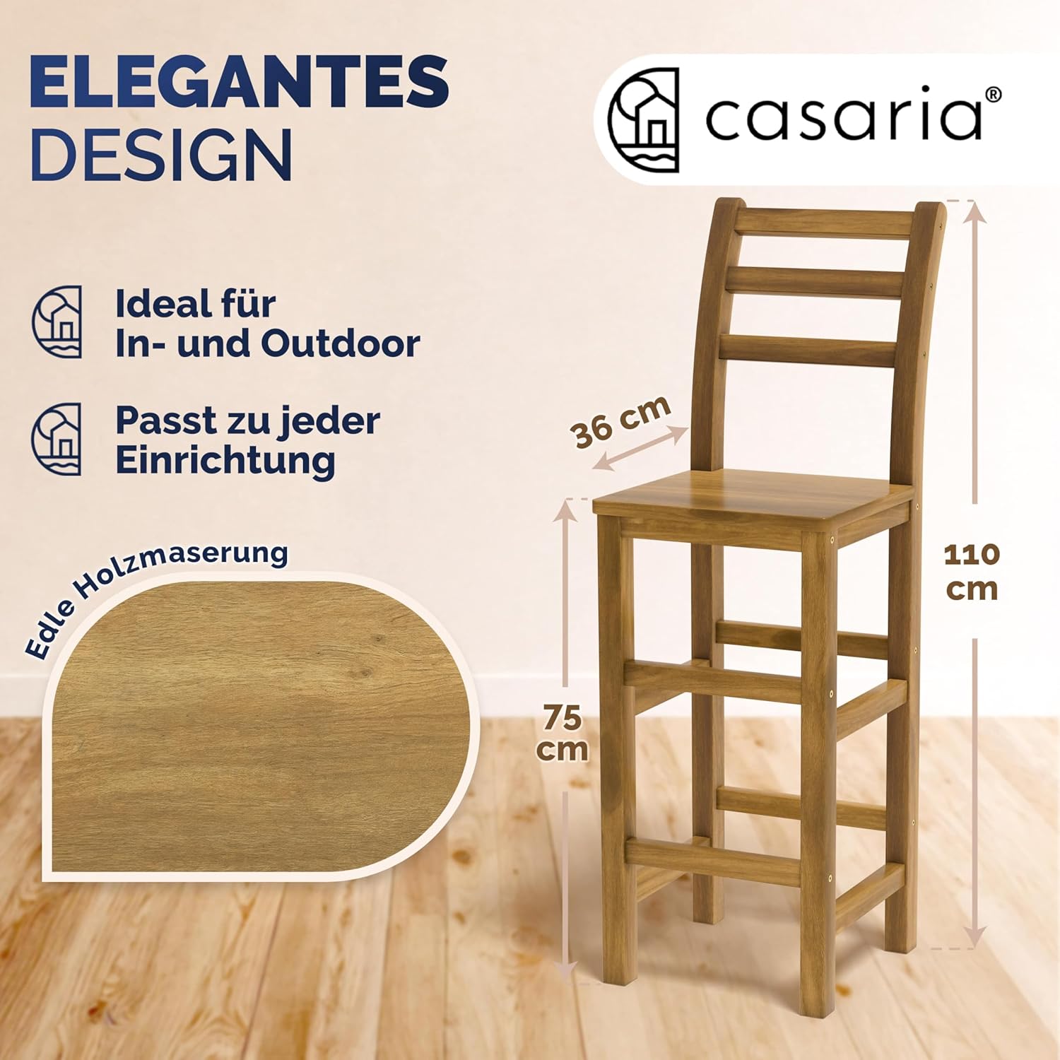 Casaria® Barhocker 2er Set Holz mit Lehne Outdoor 75cm Sitzhöhe Akazie 150kg Belastbarkeit Fußstütze Massiv Rustikal Garten Küche Bar Stuhl Hocker Braun — Ansicht 2