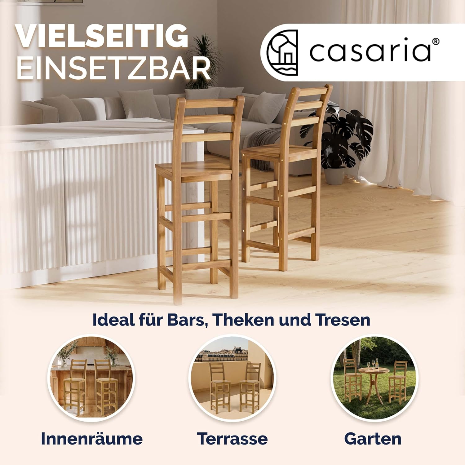 Casaria® Barhocker 2er Set Holz mit Lehne Outdoor 75cm Sitzhöhe Akazie 150kg Belastbarkeit Fußstütze Massiv Rustikal Garten Küche Bar Stuhl Hocker Braun — Ansicht 5