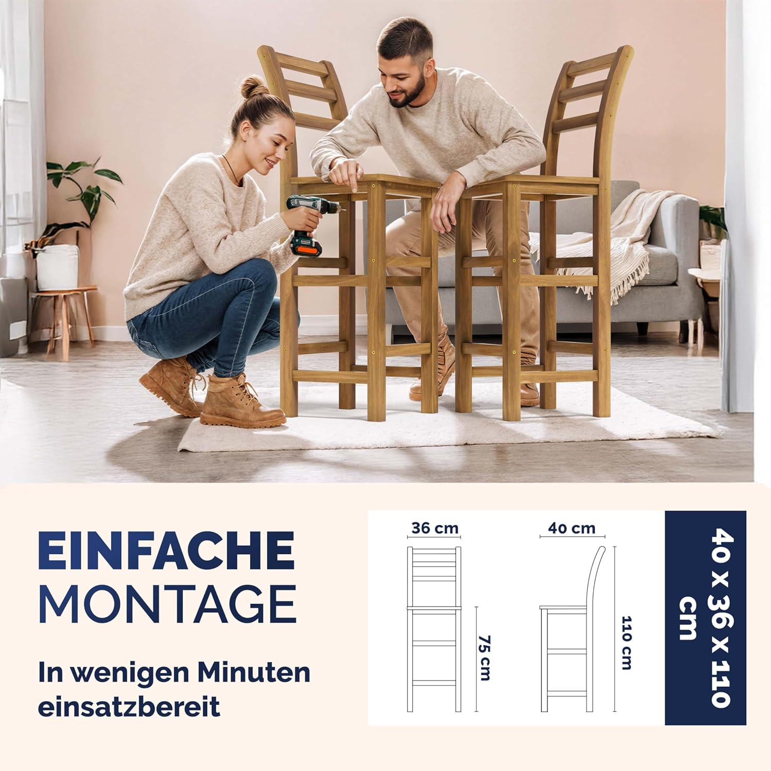 Casaria® Barhocker 2er Set Holz mit Lehne Outdoor 75cm Sitzhöhe Akazie 150kg Belastbarkeit Fußstütze Massiv Rustikal Garten Küche Bar Stuhl Hocker Braun — Ansicht 6