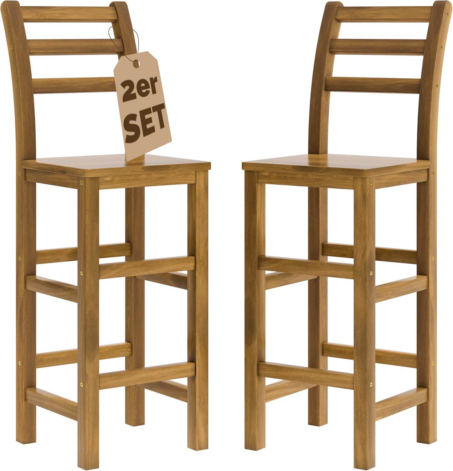 Casaria® Barhocker 2er Set Holz mit Lehne Outdoor 75cm Sitzhöhe Akazie 150kg Belastbarkeit Fußstütze Massiv Rustikal Garten Küche Bar Stuhl Hocker Braun