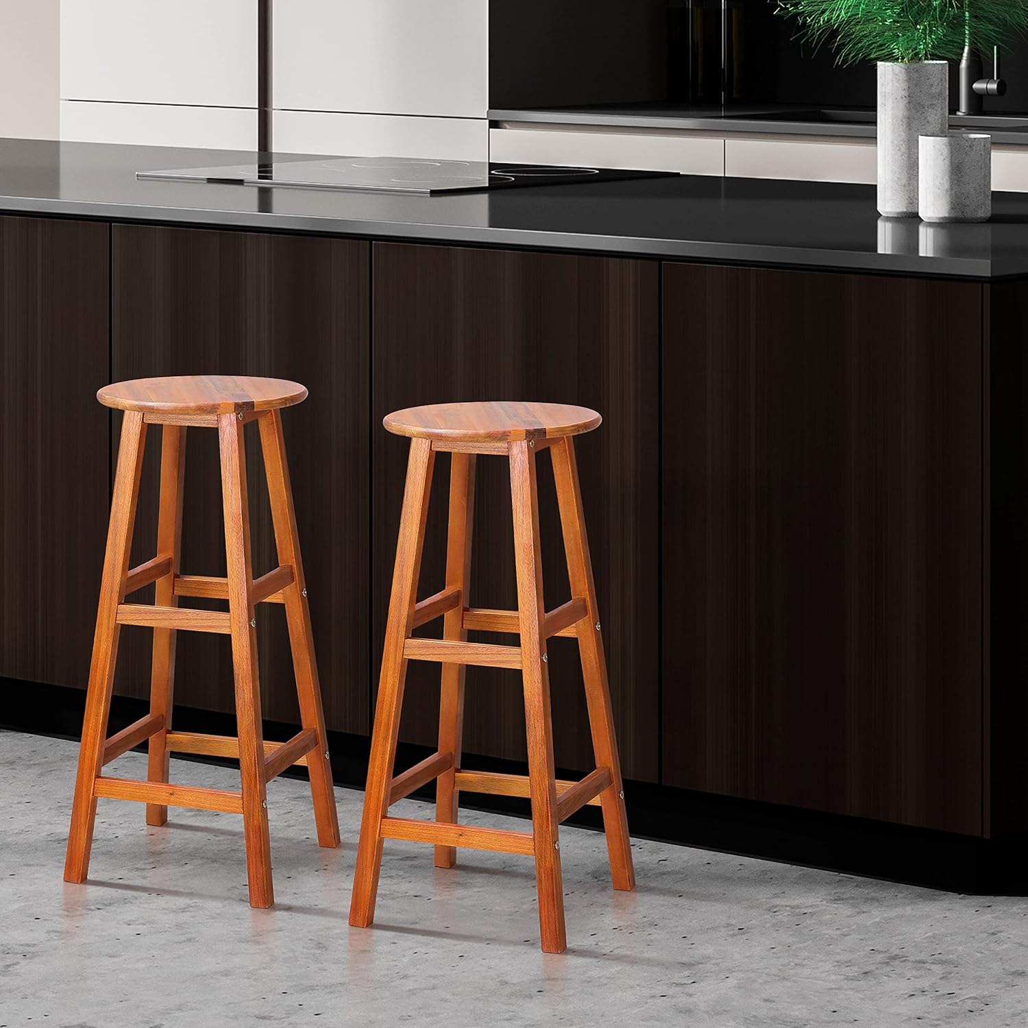 Casaria® Barhocker 4er Set Holz Akazie Outdoor 75cm Sitzhöhe Fußstütze 150kg Belastbarkeit Massiv Rund Rustikal Garten Küche Bar Stuhl Hocker Braun — Ansicht 2