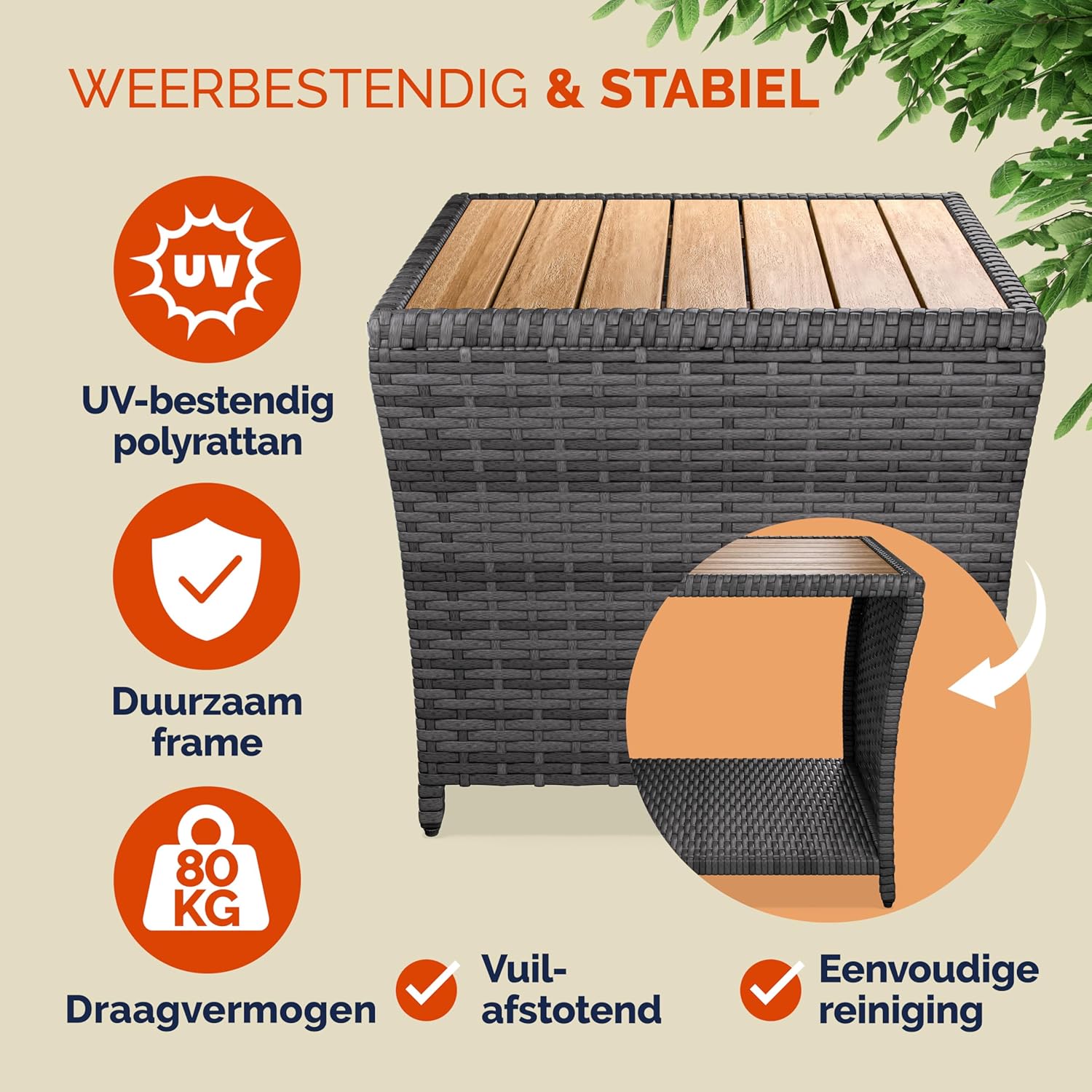 Casaria® Beistelltisch Grau Wetterfest Klein Holz Polyrattan Akazie 45x45x40cm 80kg Belastbarkeit Outdoor Tisch Gartentisch Balkontisch Gartenmöbel — Ansicht 3