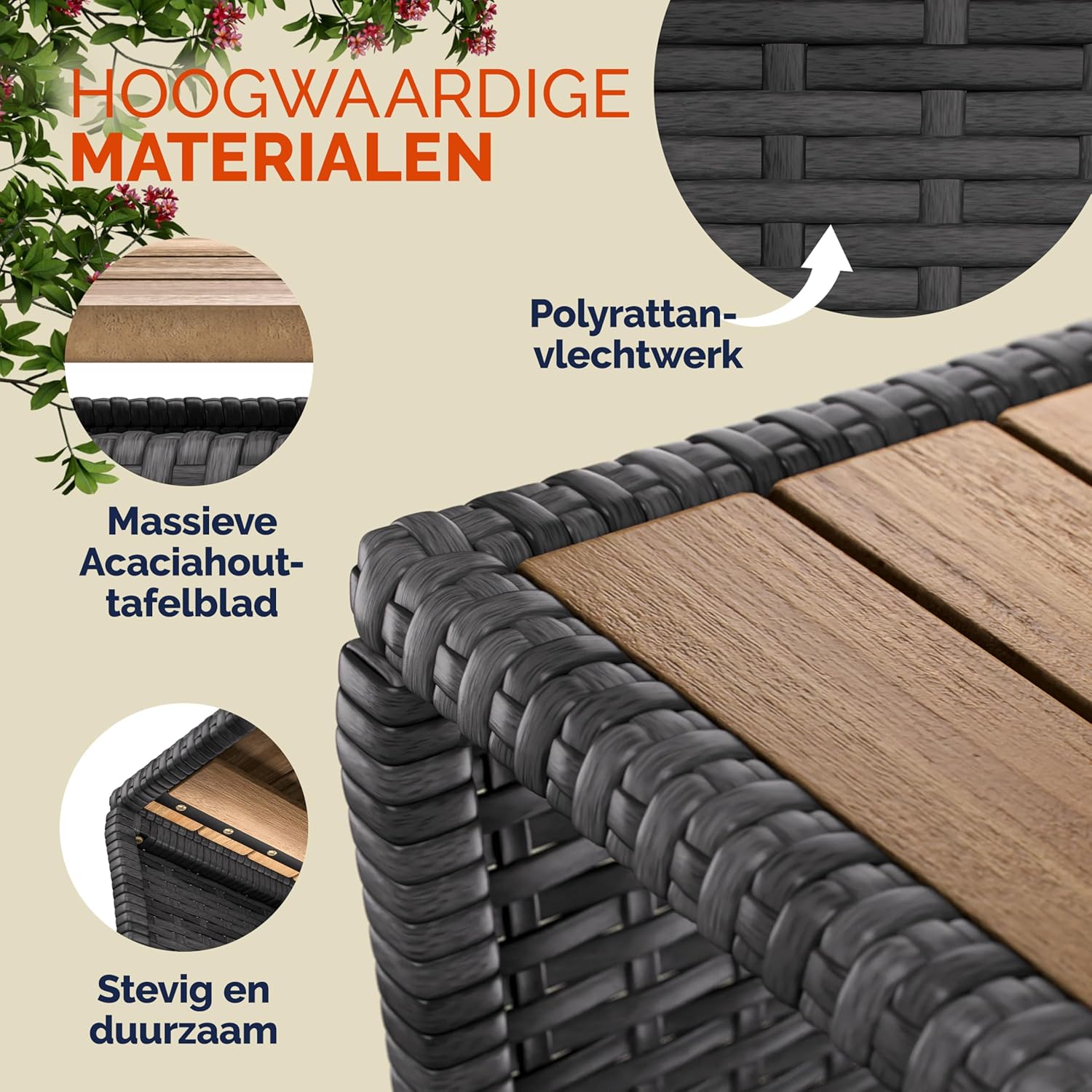 Casaria® Beistelltisch Grau Wetterfest Klein Holz Polyrattan Akazie 45x45x40cm 80kg Belastbarkeit Outdoor Tisch Gartentisch Balkontisch Gartenmöbel — Ansicht 6