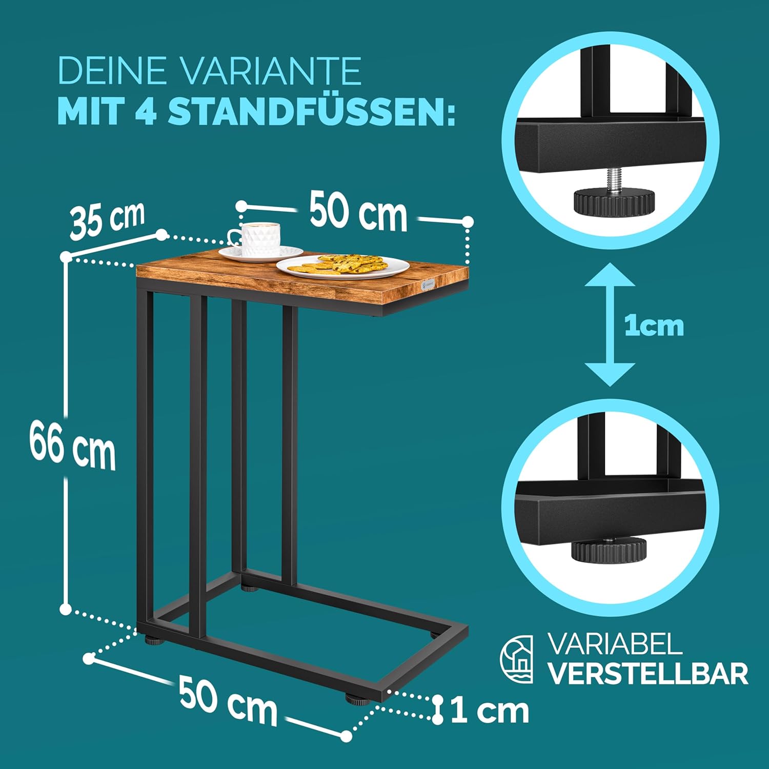 Casaria® Beistelltisch Holz Couch Schwarz 40kg Belastbarkeit 70cm Hoch 50x35cm Tisch Klein mit Rollen Laptop Kaffeetisch C Form Wohnzimmer Nachttisch Gestell aus Metall — Ansicht 6
