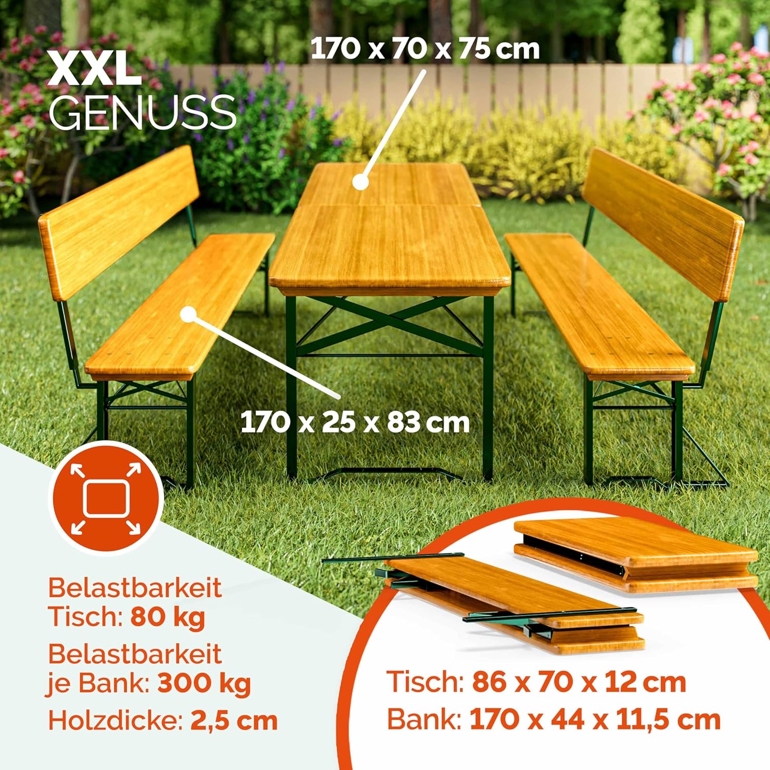 Casaria® Bierzeltgarnitur mit Lehne 170 cm Klappbar Stabil 2X Bierbank 1x Breiter Tisch Holz Biertischgarnitur Festzeltgarnitur Biergartengarnitur — Ansicht 2