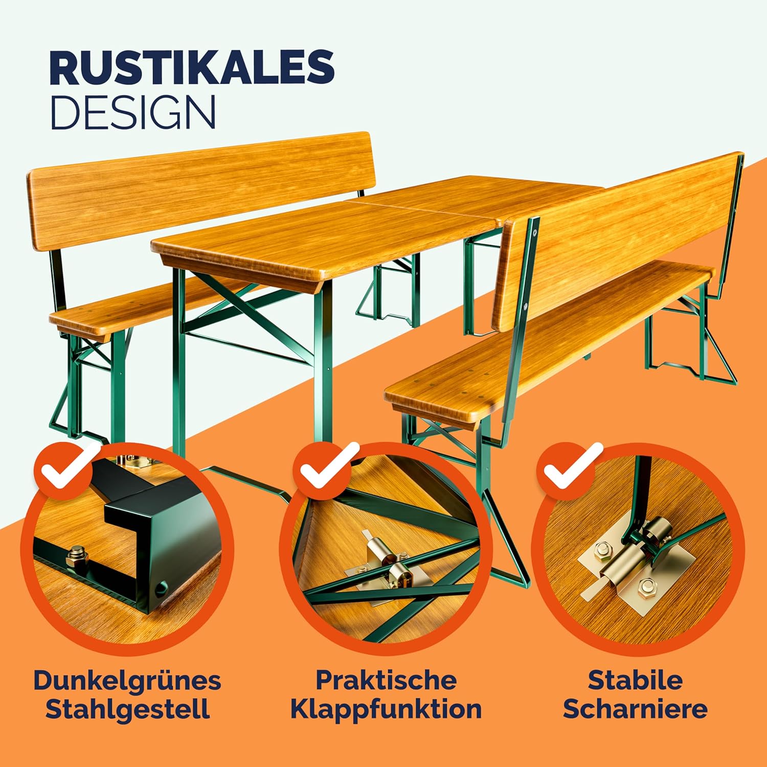 Casaria® Bierzeltgarnitur mit Lehne 170 cm Klappbar Stabil 2X Bierbank 1x Breiter Tisch Holz Biertischgarnitur Festzeltgarnitur Biergartengarnitur — Ansicht 4