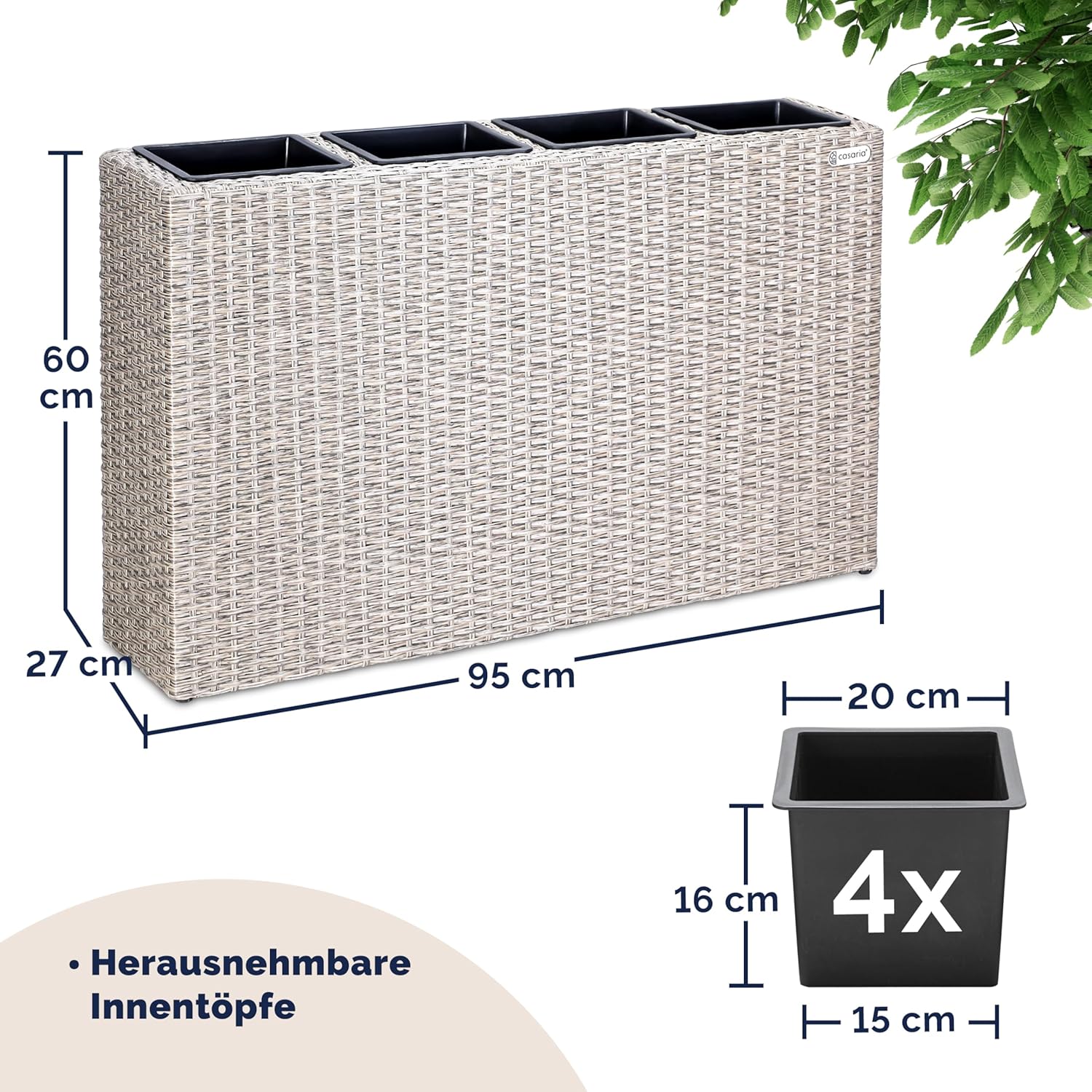 Casaria® Blumenkasten 4 Innentöpfe Polyrattan Herausnehmbar Wasserablauf Outdoor Rechteckig Pflanzkasten Blumentopf Hochbeet Pflanzkübel Creme — Ansicht 3