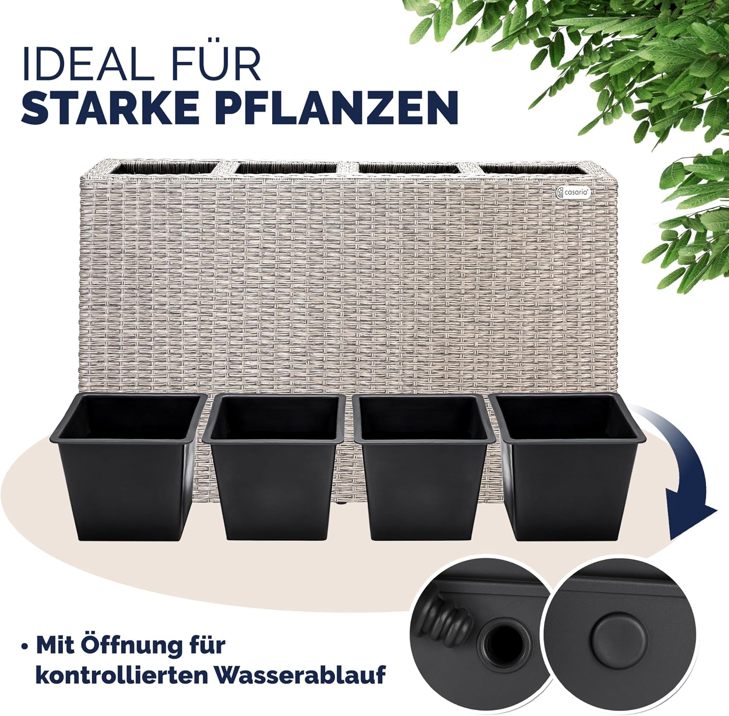 Casaria® Blumenkasten 4 Innentöpfe Polyrattan Herausnehmbar Wasserablauf Outdoor Rechteckig Pflanzkasten Blumentopf Hochbeet Pflanzkübel Creme — Ansicht 5