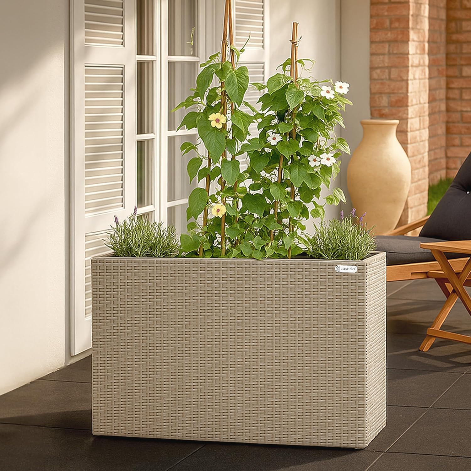 Casaria® Blumenkasten 4 Innentöpfe Polyrattan Herausnehmbar Wasserablauf Outdoor Rechteckig Pflanzkasten Blumentopf Hochbeet Pflanzkübel Creme — Ansicht 6