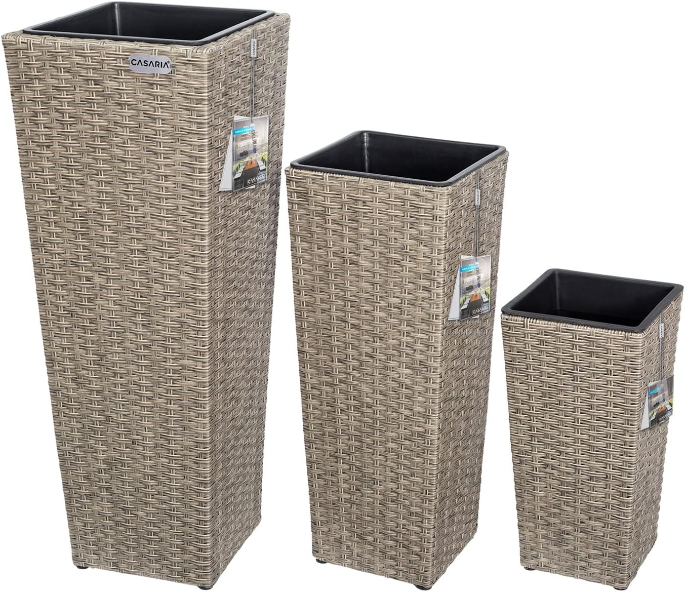 Casaria® Blumentopf 3er Set Polyrattangeflecht Übertopf Wasserabfluss Rattanoptik Outdoor Pflanzkübel Blumenkasten Creme