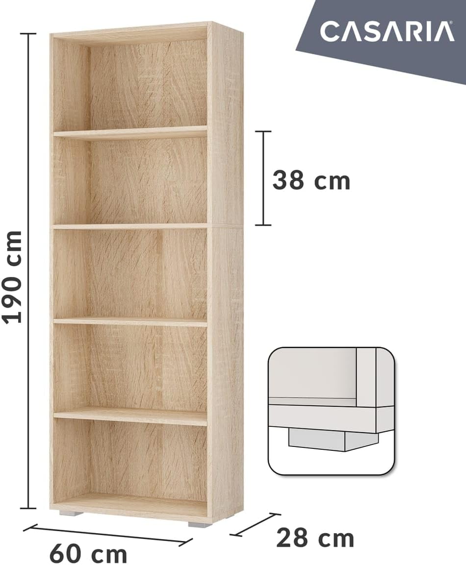 Casaria® Bücherregal 5 Fächer 190x60x28cm Höhenverstellbare Böden Holz Offen Modern Stehend Arbeitszimmer Büro Wohnzimmer Standregal Regal Vela Eiche — Ansicht 3