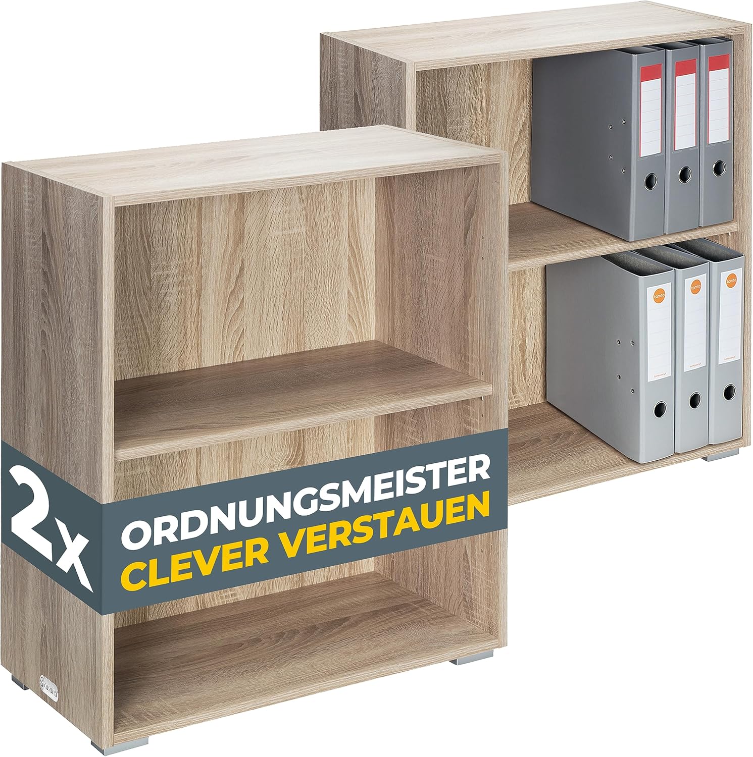 Casaria® Bücherregal 77x60x28cm 2X Eiche Holz 2 Fächer Boden Höhenverstellbar 150kg Belastbarkeit Kippschutz Bücher Büro Wohnzimmer Standregal Regal