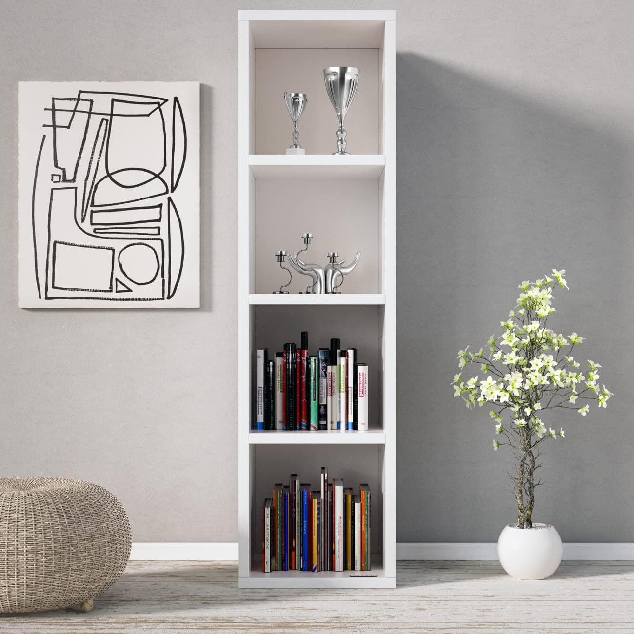 Casaria® Bücherregal mit 4 Fächer 106x30x30cm Kippschutz Bodenschoner 40kg Belastbarkeit Wohnzimmer Schlafzimmer Büro Regal Standregal Würfelregal Weiß — Ansicht 2