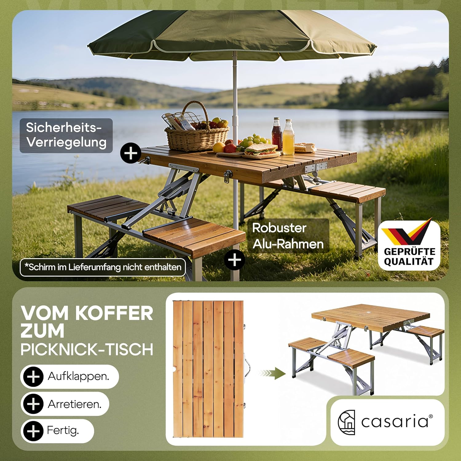Casaria® Campingtisch mit Stühlen Klappbar Tragegriff Schirmhalter 4 Personen Picknicktisch Koffertisch Klapptisch Campingmöbel Set Leicht Holz — Ansicht 3