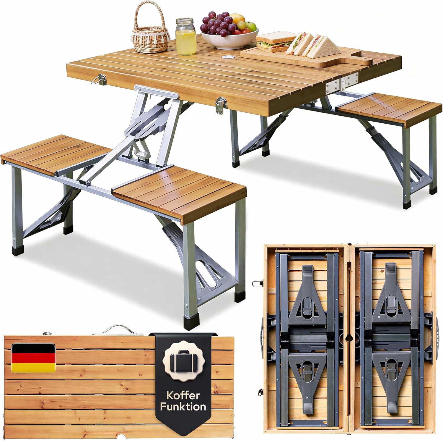 Casaria® Campingtisch mit Stühlen Klappbar Tragegriff Schirmhalter 4 Personen Picknicktisch Koffertisch Klapptisch Campingmöbel Set Leicht Holz