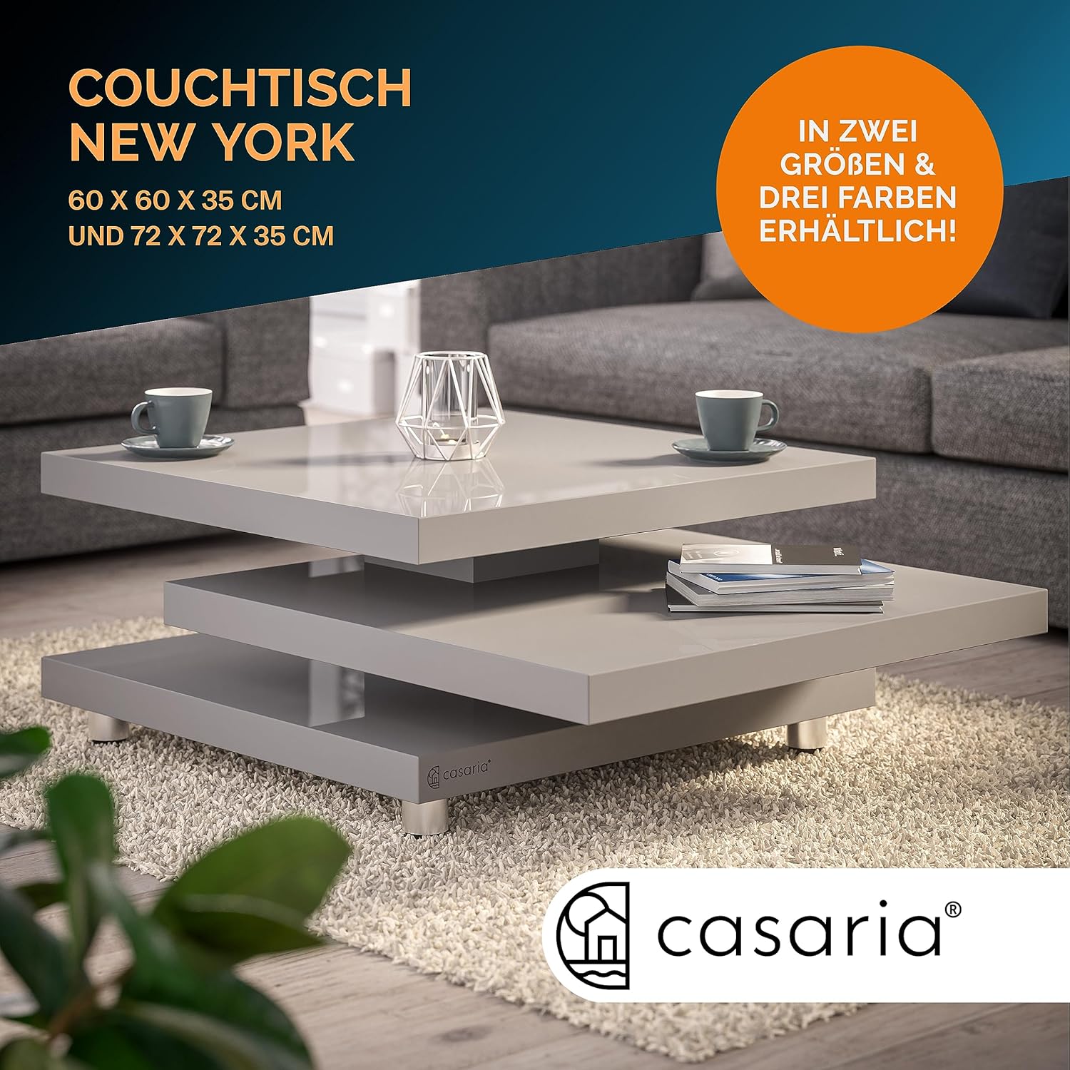 Casaria® Couchtisch New York 60x60cm Wohnzimmertisch Grau Hochglanz Design Modern 360° drehbare Tischplatte höhenverstellbare Füße MDF Sofatisch Cube — Ansicht 3