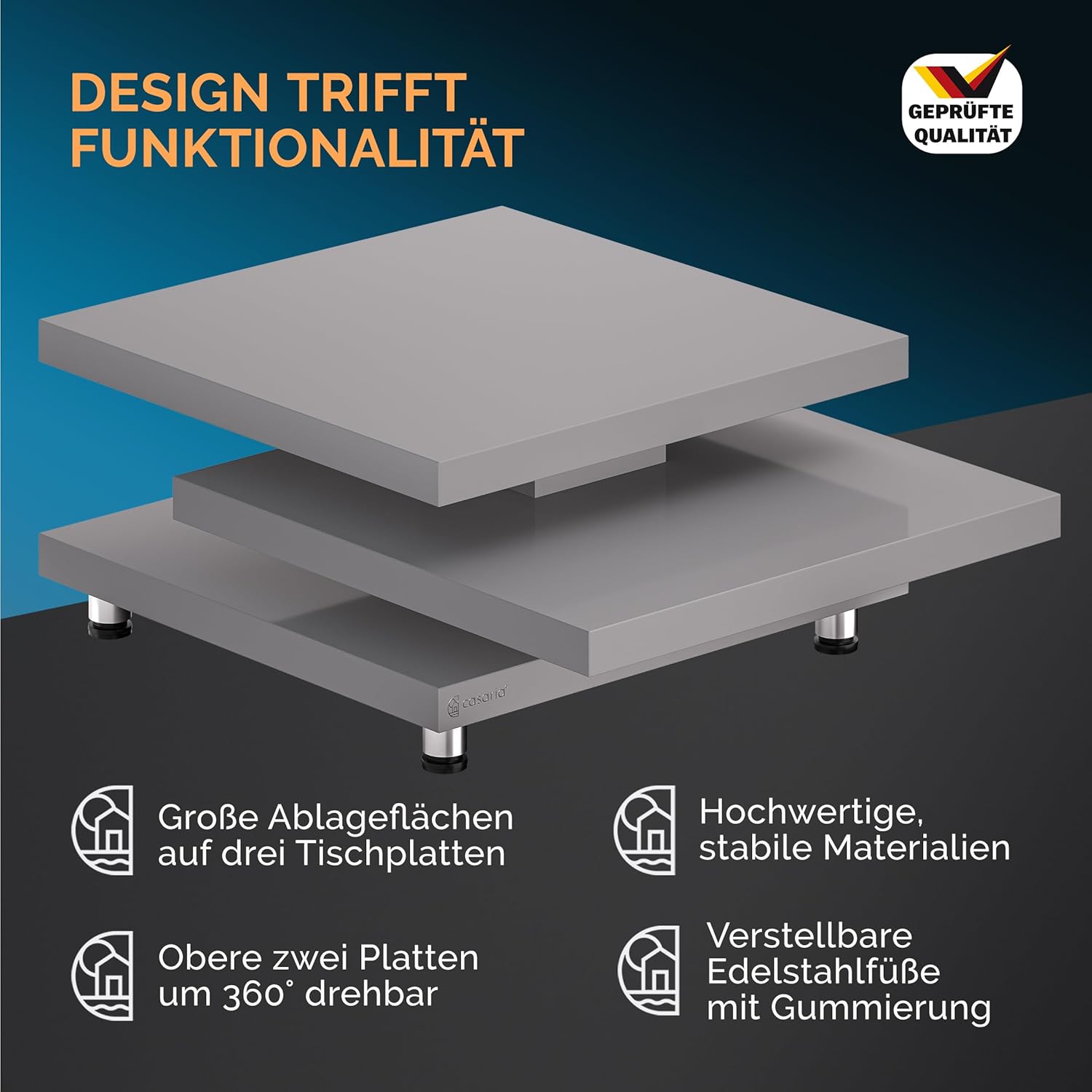 Casaria® Couchtisch New York 60x60cm Wohnzimmertisch Grau Hochglanz Design Modern 360° drehbare Tischplatte höhenverstellbare Füße MDF Sofatisch Cube — Ansicht 4