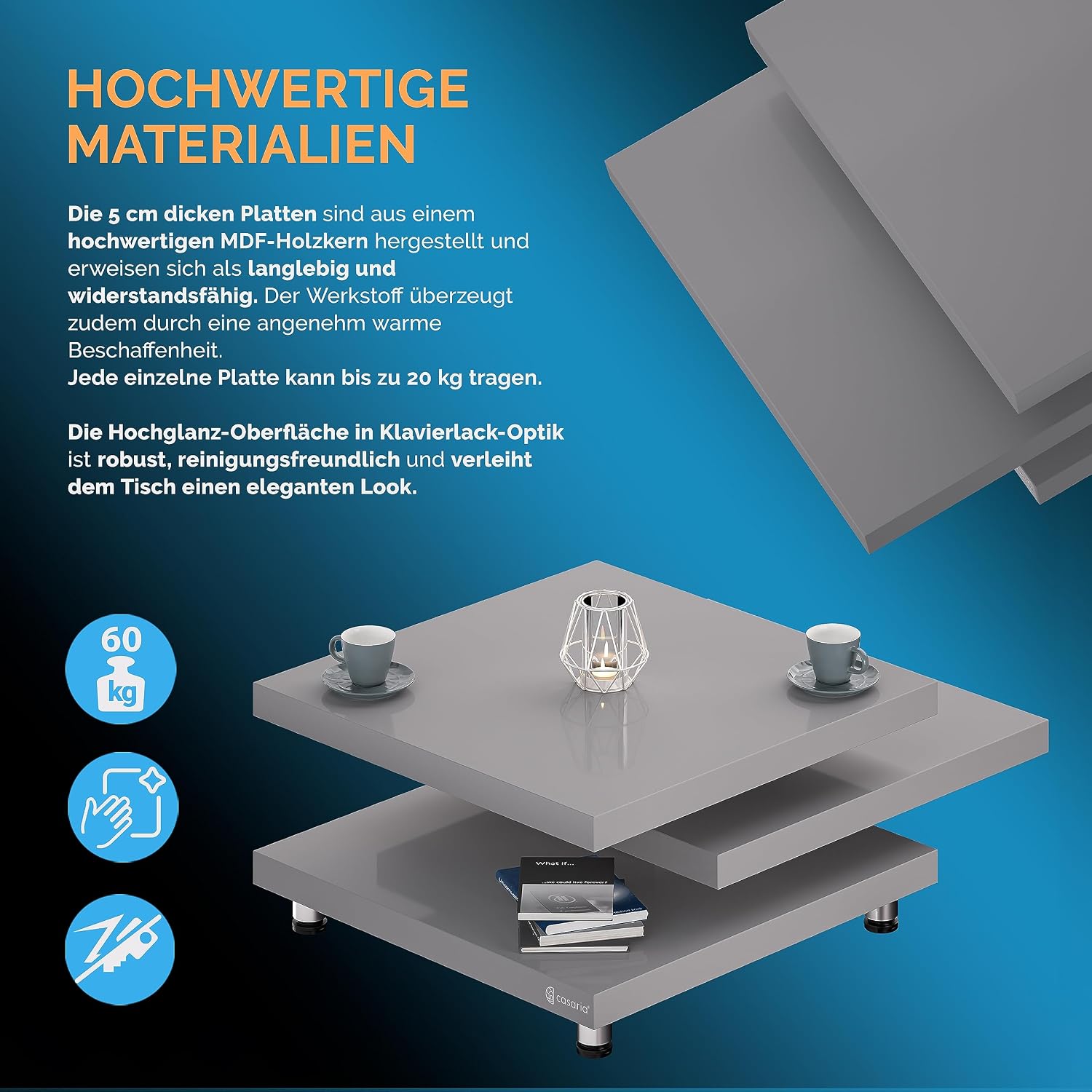 Casaria® Couchtisch New York 60x60cm Wohnzimmertisch Grau Hochglanz Design Modern 360° drehbare Tischplatte höhenverstellbare Füße MDF Sofatisch Cube — Ansicht 6