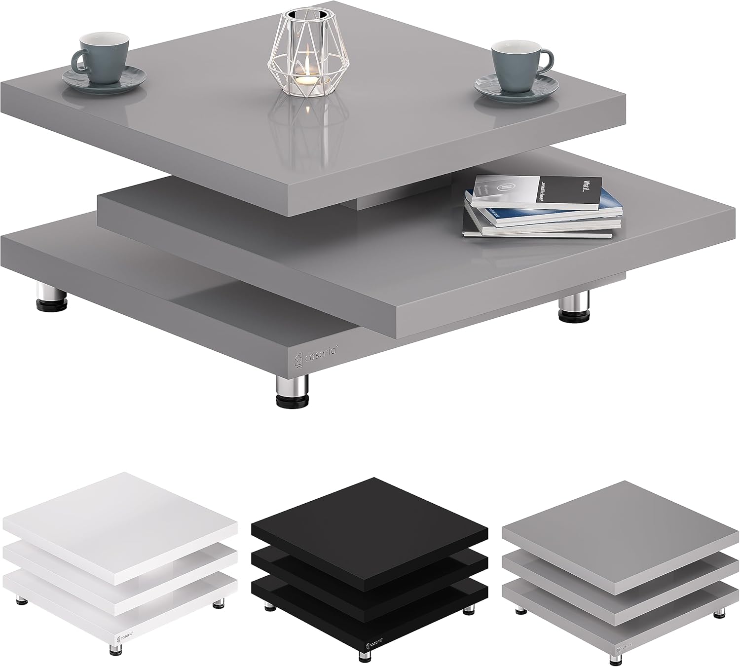 Casaria® Couchtisch New York 60x60cm Wohnzimmertisch Grau Hochglanz Design Modern 360° drehbare Tischplatte höhenverstellbare Füße MDF Sofatisch Cube
