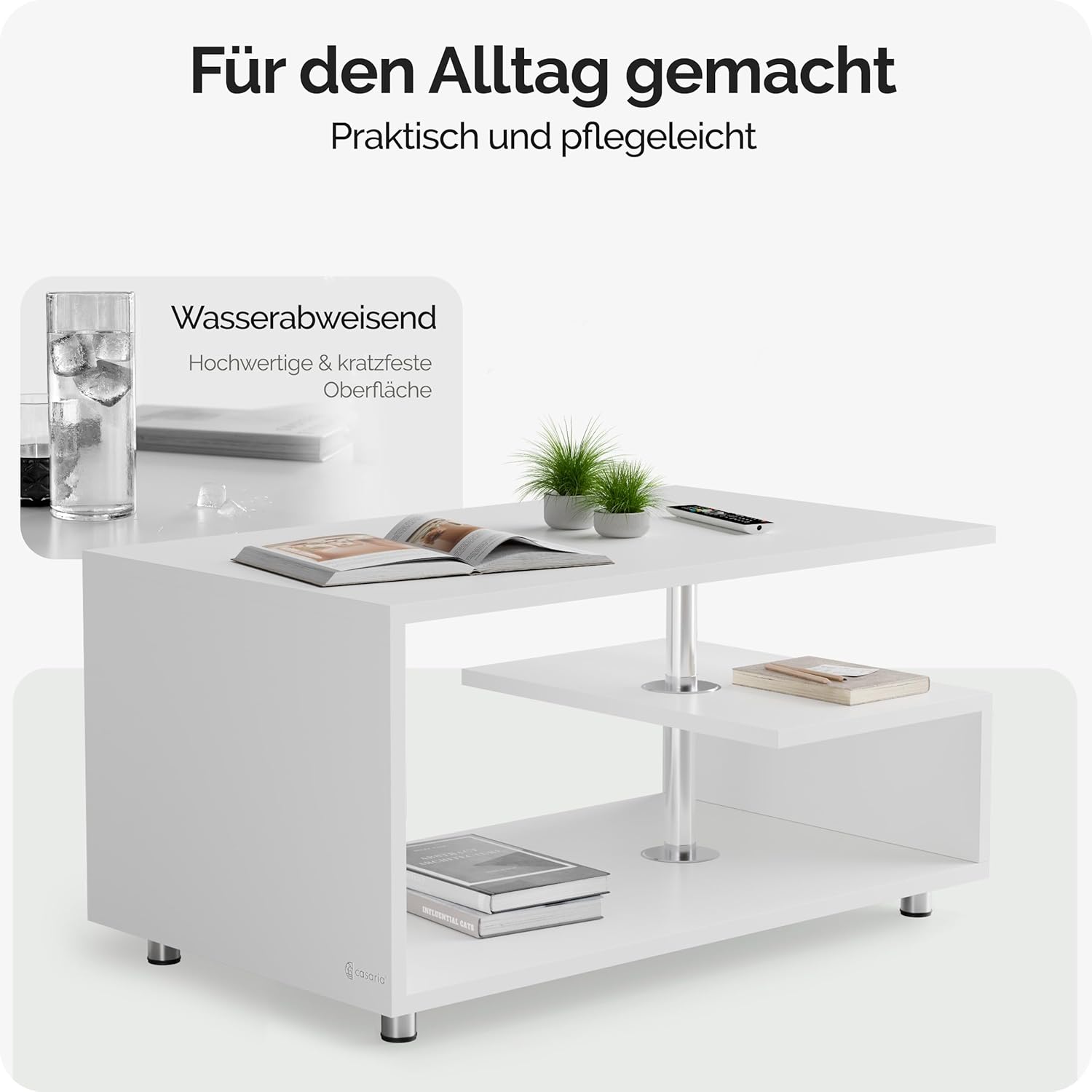 Casaria® Couchtisch Weiß Holz mit Stauraum 95x55cm Edelstahl Füße Höhenverstellbar Ablage Modern Rechteckig Beistelltisch Wohnzimmer Couch Sofa Tisch — Ansicht 4