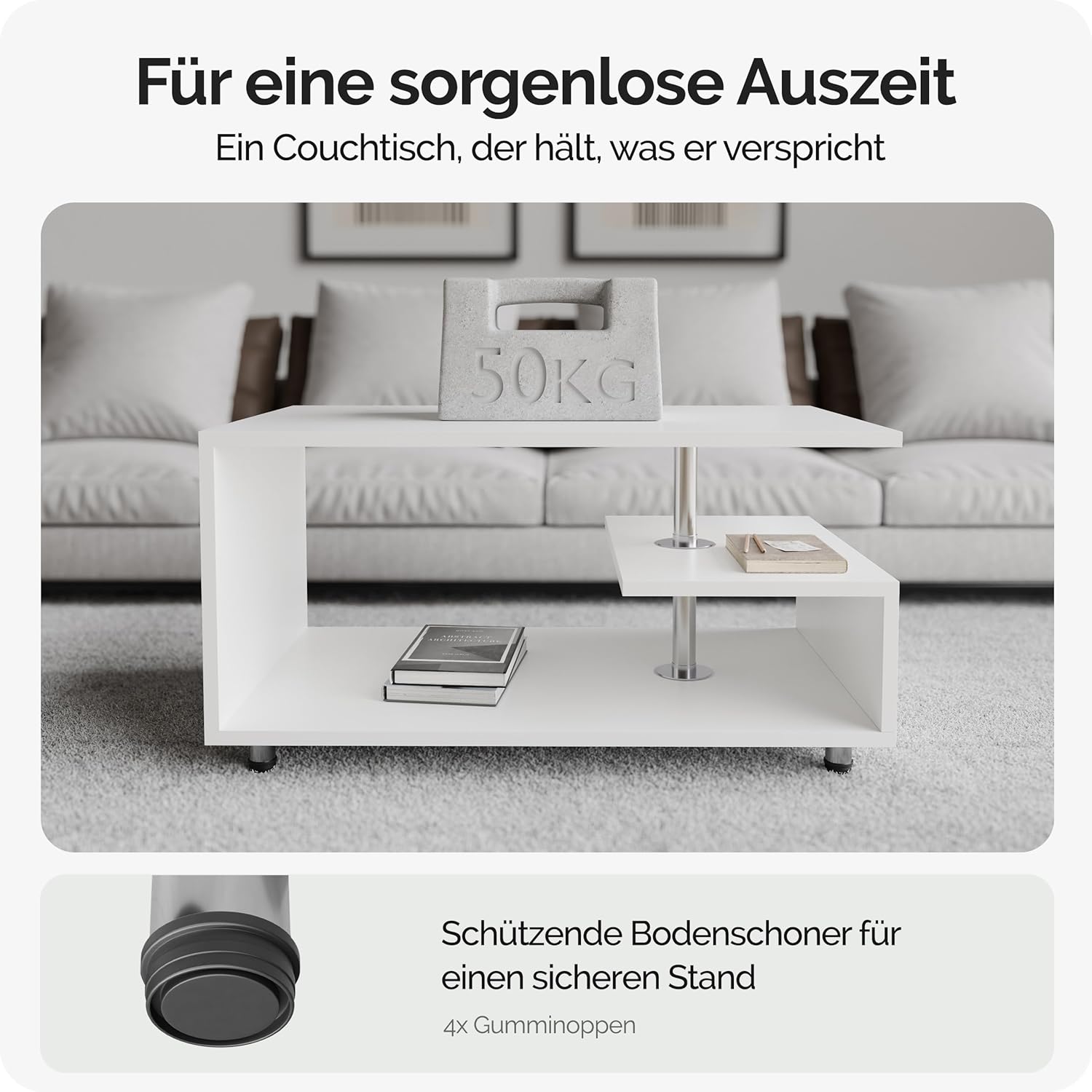 Casaria® Couchtisch Weiß Holz mit Stauraum 95x55cm Edelstahl Füße Höhenverstellbar Ablage Modern Rechteckig Beistelltisch Wohnzimmer Couch Sofa Tisch — Ansicht 5