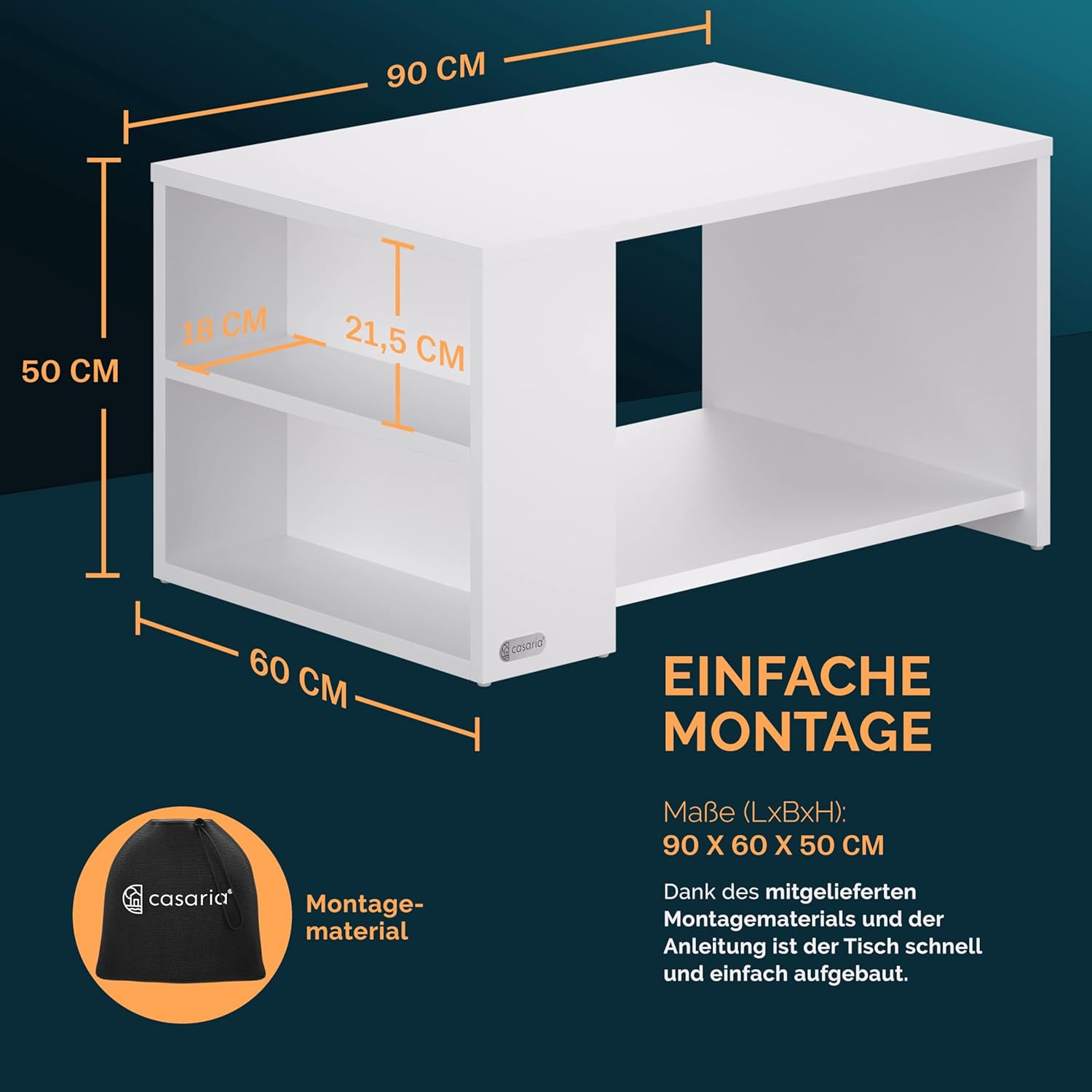 Casaria® Couchtisch Weiß Holz mit Stauraum Regal 2 Ablagen 90 x 60 x 50 cm Wohnzimmertisch Kratzfest 50 kg Belastbar Eckig Beistelltisch Sofa Couch — Ansicht 2