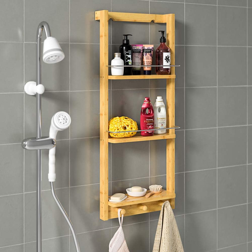 Casaria® Duschregal Zum Hängen 3 Ablagen 3 Haken 70x29x10cm Duschablage Hängend Badregal Bambus Holz Hängeregal für Dusche Bad Küche Regal — Ansicht 2