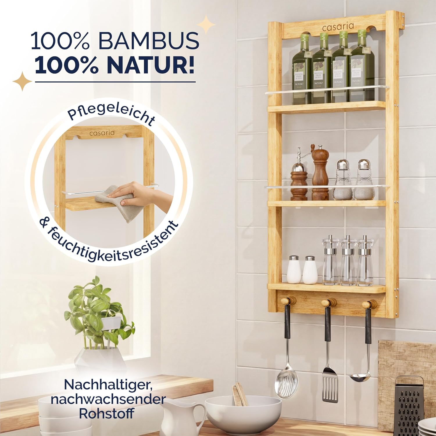 Casaria® Duschregal Zum Hängen 3 Ablagen 3 Haken 70x29x10cm Duschablage Hängend Badregal Bambus Holz Hängeregal für Dusche Bad Küche Regal — Ansicht 5