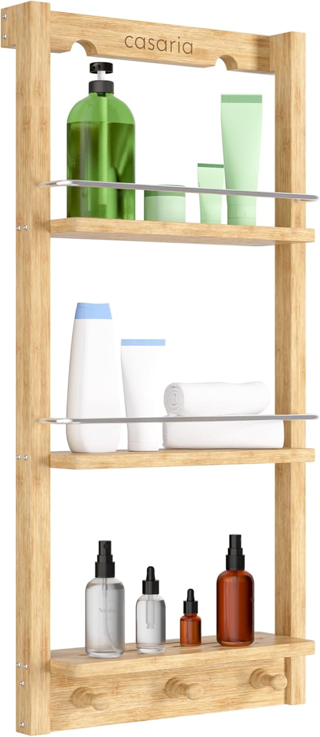 Casaria® Duschregal Zum Hängen 3 Ablagen 3 Haken 70x29x10cm Duschablage Hängend Badregal Bambus Holz Hängeregal für Dusche Bad Küche Regal