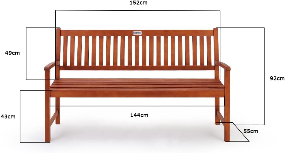 Casaria® Gartenbank 3-Sitzer Wetterfest Eukalyptus Holz 480kg Belastbarkeit Armlehne Rückenlehne 152x55cm FSC®-Zertifiziert Garten Balkon Bank 3 Personen Sitzbank — Ansicht 3
