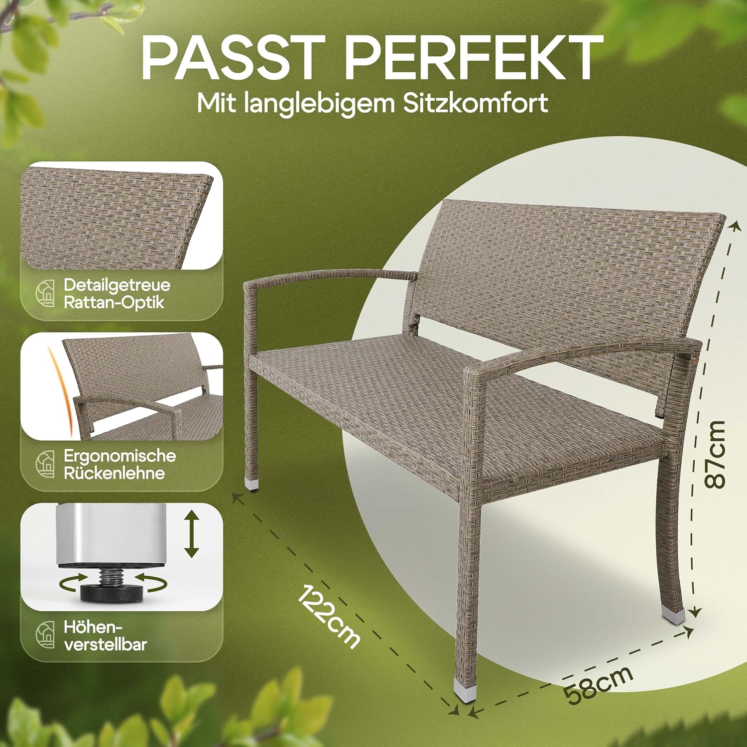 Casaria® Gartenbank Sitzbank Wetterfest Kunststoff 320kg Belastbarkeit Rückenlehne 122x58cm Garten Balkon Terrasse Bank Ergonomisch Polyrattan Creme — Ansicht 2