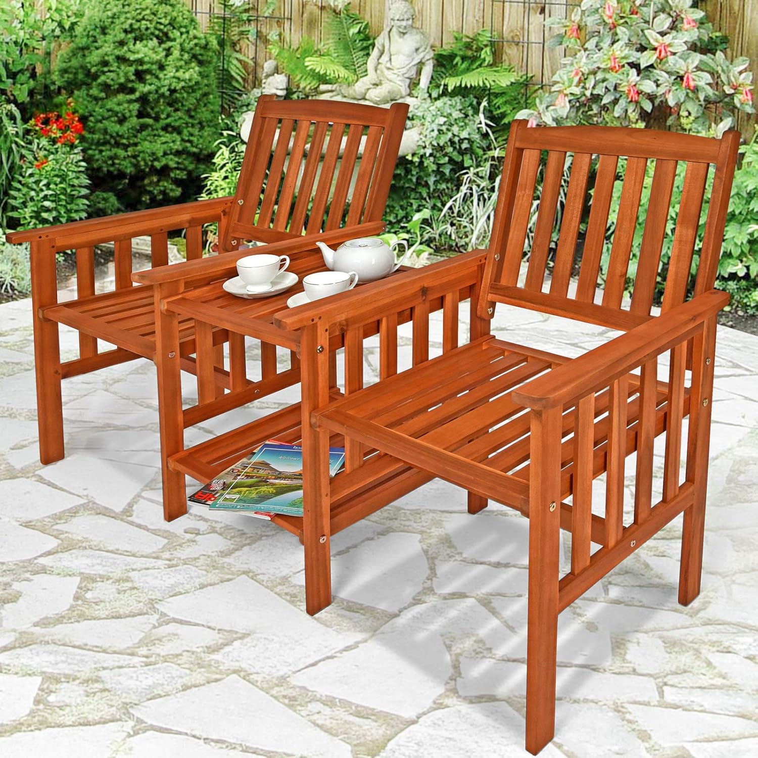 Casaria® Gartenbank Wetterfest Holz mit Tisch 2 Sitzer Holzbank 320kg Belastbar Akazie Outdoor Balkon Bank Massiv 164x63cm Sitzbank Garten Armlehnen Natur — Ansicht 2