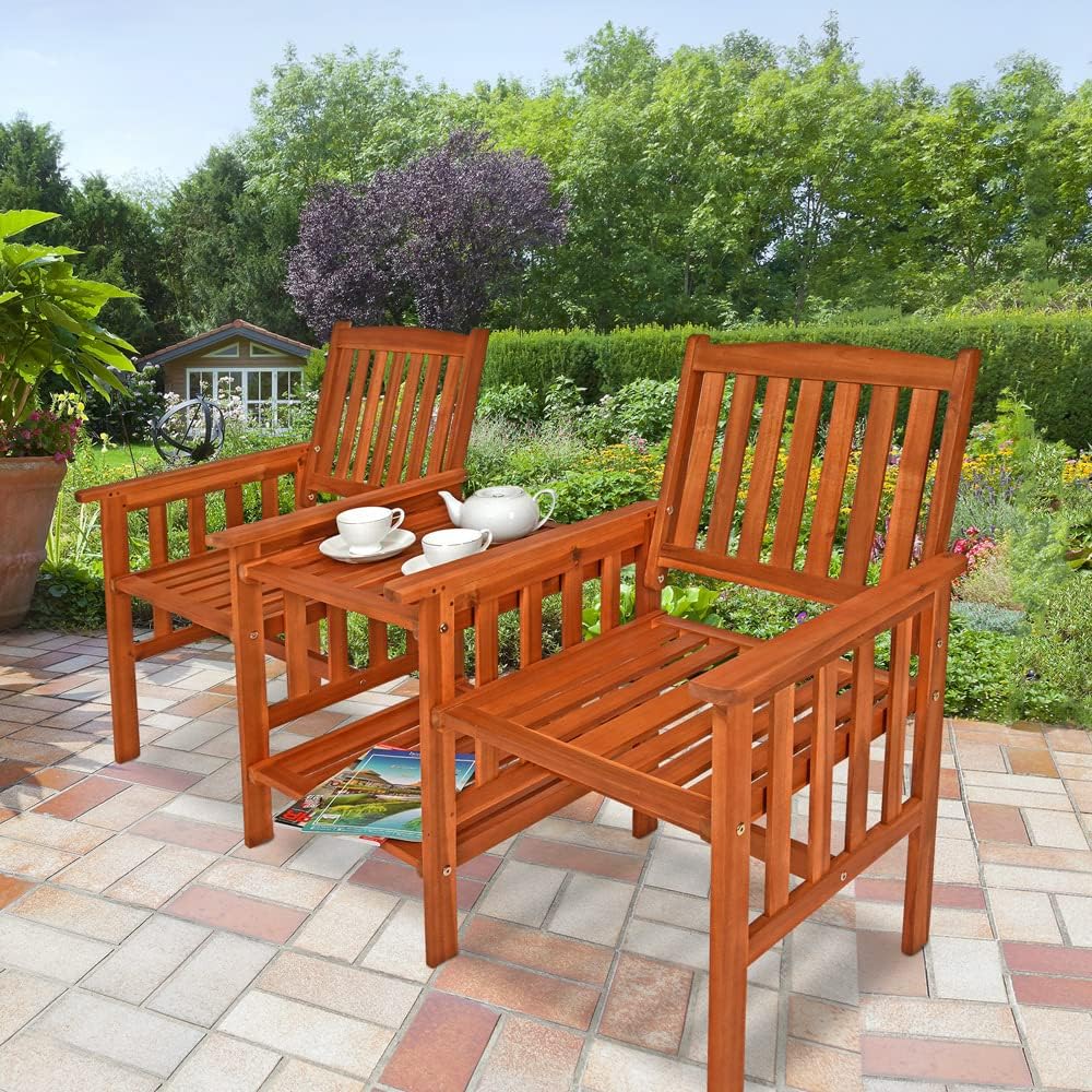 Casaria® Gartenbank Wetterfest Holz mit Tisch 2 Sitzer Holzbank 320kg Belastbar Akazie Outdoor Balkon Bank Massiv 164x63cm Sitzbank Garten Armlehnen Natur — Ansicht 6