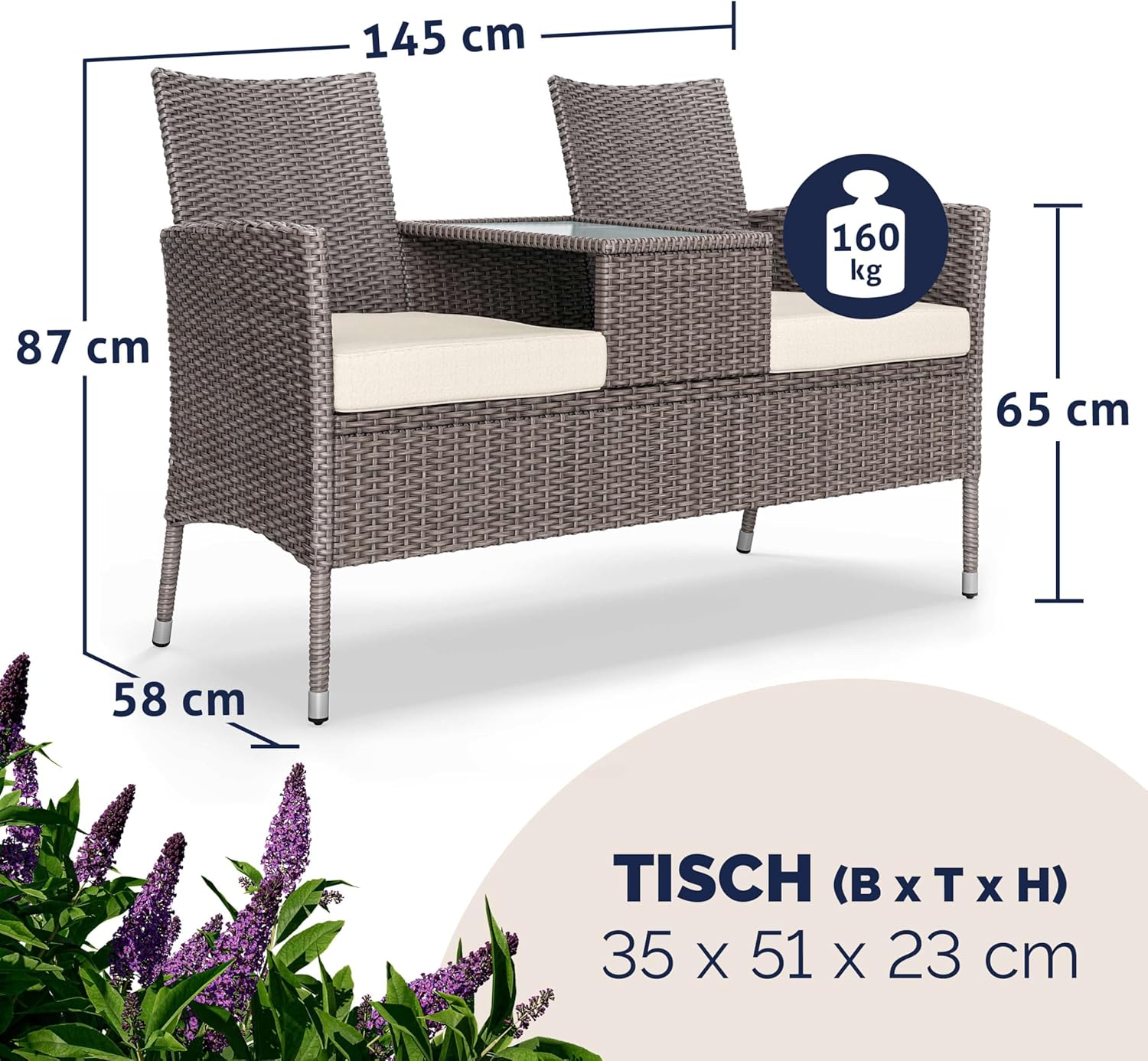 Casaria® Gartenbank Wetterfest Polyrattan Tisch Auflagen 320kg Belastbarkeit UV-beständig Garten Balkon Bank Möbel Sitzbank 2-Sitzer 143x55x88cm Creme — Ansicht 2