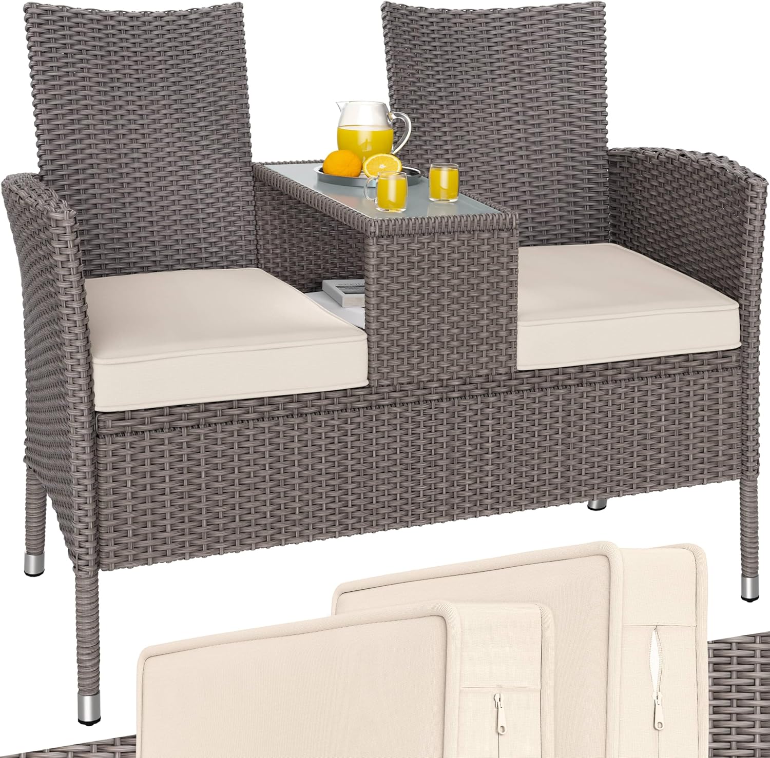Casaria® Gartenbank Wetterfest Polyrattan Tisch Auflagen 320kg Belastbarkeit UV-beständig Garten Balkon Bank Möbel Sitzbank 2-Sitzer 143x55x88cm Creme