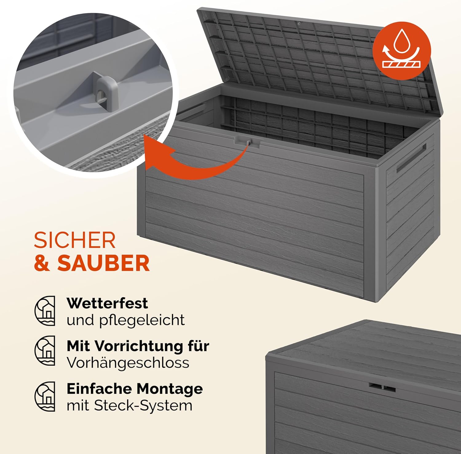 Casaria® Gartenbox 280L UV-beständig Griffmulden Verschlussvorrichtung Balkon Terrasse Wohnzimmer Wintergarten Box Kissenbox 116x43cm Holz-Optik Grau — Ansicht 3