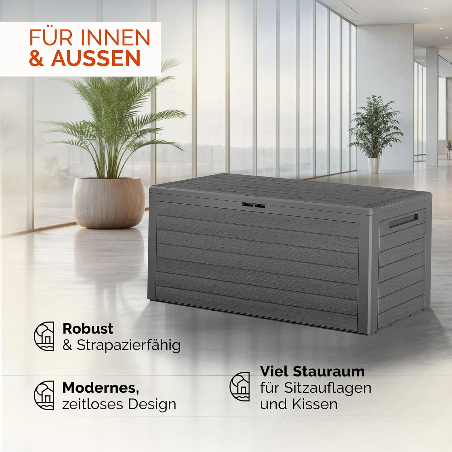 Casaria® Gartenbox 280L UV-beständig Griffmulden Verschlussvorrichtung Balkon Terrasse Wohnzimmer Wintergarten Box Kissenbox 116x43cm Holz-Optik Grau — Ansicht 4
