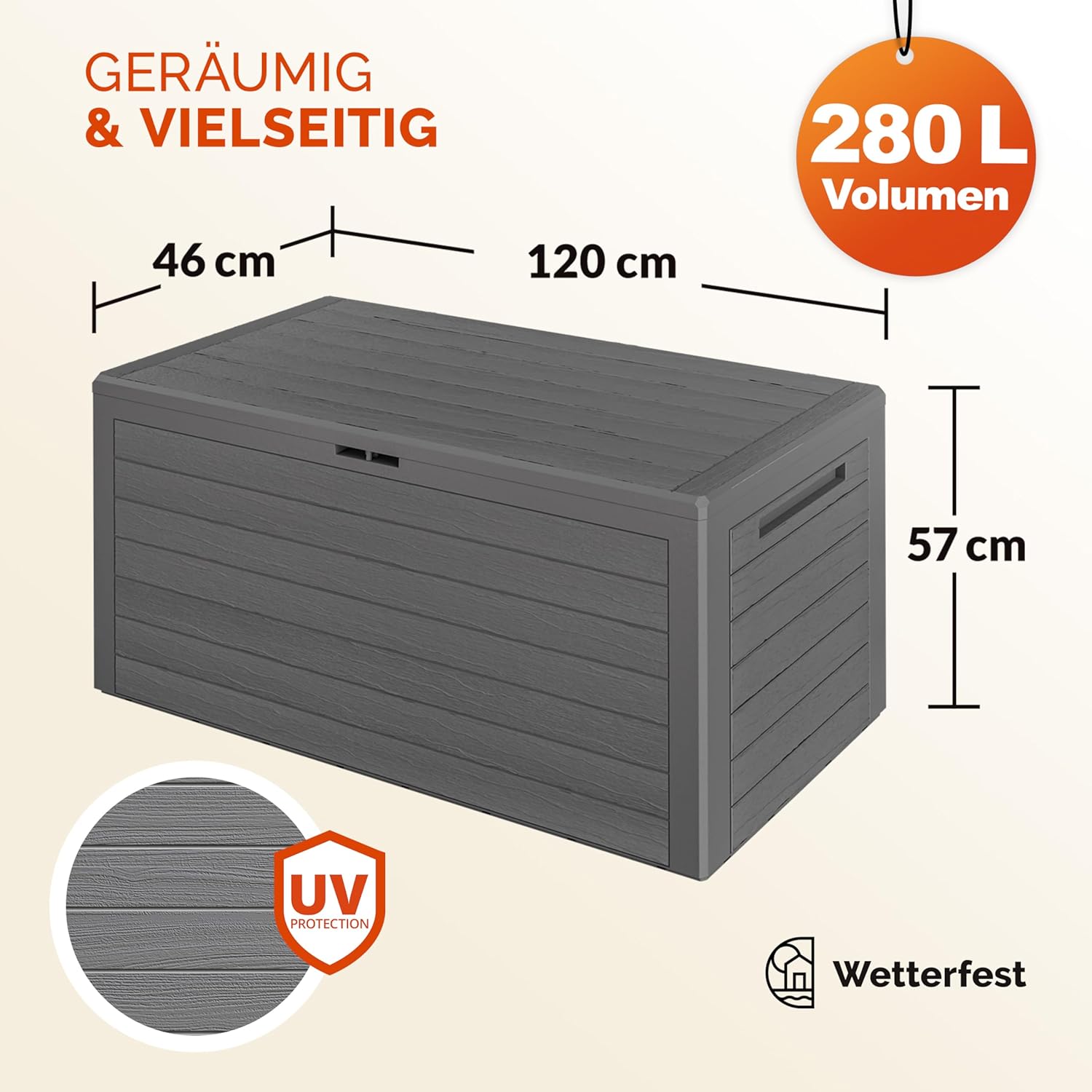 Casaria® Gartenbox 280L UV-beständig Griffmulden Verschlussvorrichtung Balkon Terrasse Wohnzimmer Wintergarten Box Kissenbox 116x43cm Holz-Optik Grau — Ansicht 6