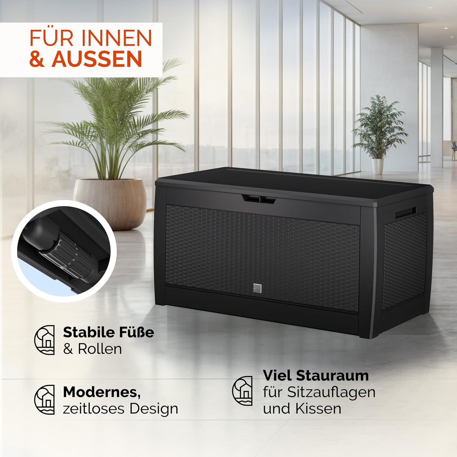 Casaria® Gartenbox Anthrazit UV-beständig 310L Haltegriffe Rollen Terrasse Balkon Wohnzimmer Wintergarten Truhe Auflagenbox 119x48cm Rattan-Optik — Ansicht 4