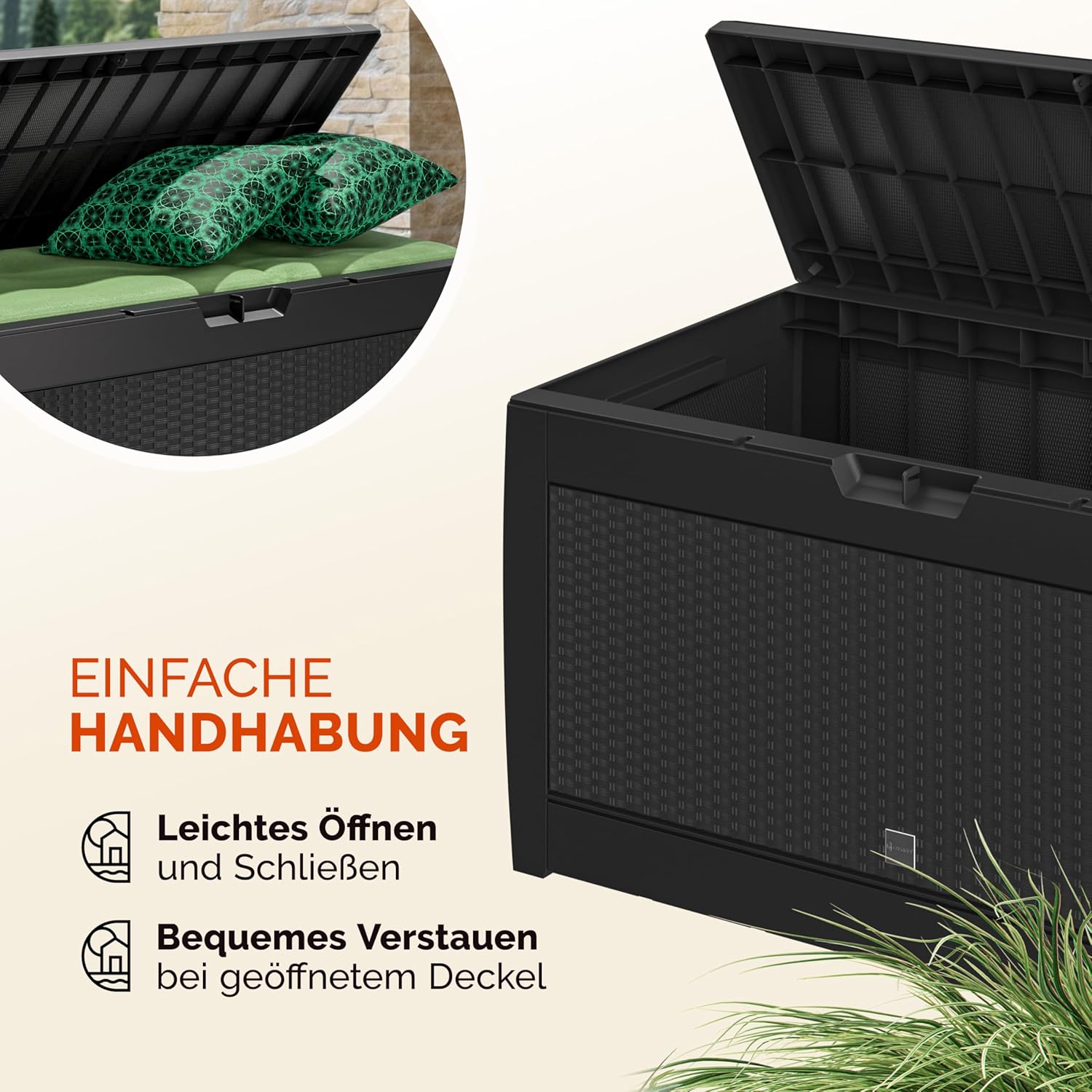 Casaria® Gartenbox Anthrazit UV-beständig 310L Haltegriffe Rollen Terrasse Balkon Wohnzimmer Wintergarten Truhe Auflagenbox 119x48cm Rattan-Optik — Ansicht 5