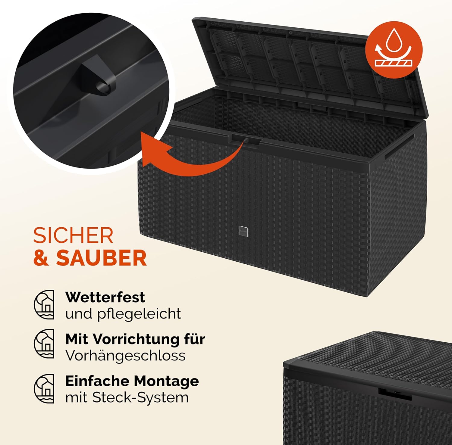 Casaria® Gartenbox Auflagenbox abschließbar Anthrazit 290L UV-beständig Haltegriffe Rollen Verschlussvorrichtung Balkon Garten Kissenbox Aufbewahrungsbox 114x47cm Wetterfest Korbgeflecht — Ansicht 3