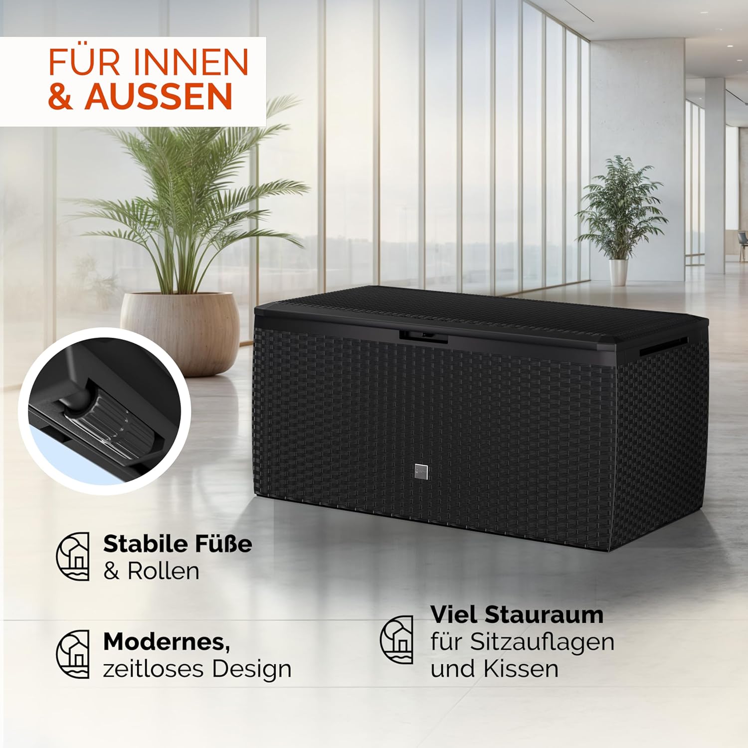 Casaria® Gartenbox Auflagenbox abschließbar Anthrazit 290L UV-beständig Haltegriffe Rollen Verschlussvorrichtung Balkon Garten Kissenbox Aufbewahrungsbox 114x47cm Wetterfest Korbgeflecht — Ansicht 4