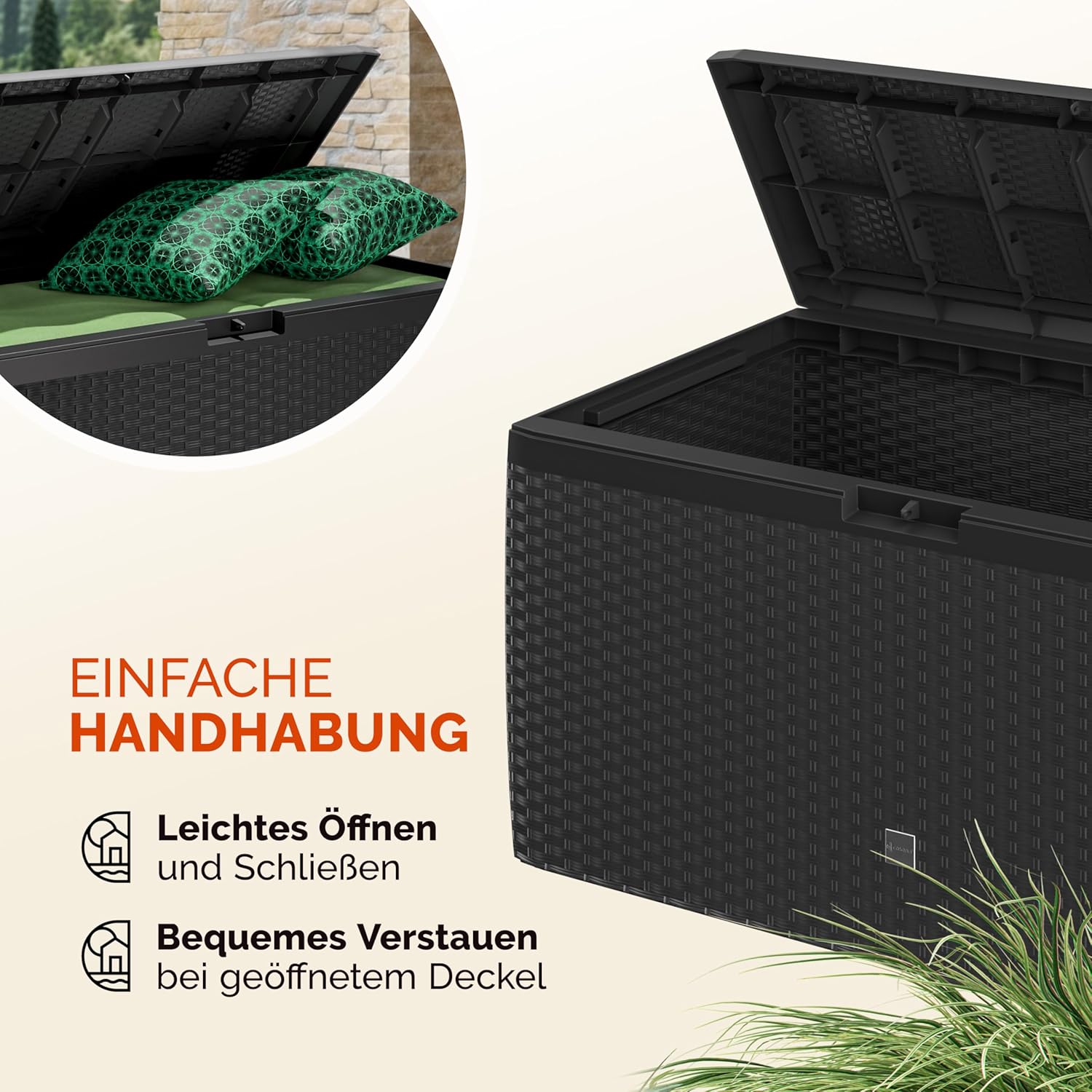 Casaria® Gartenbox Auflagenbox abschließbar Anthrazit 290L UV-beständig Haltegriffe Rollen Verschlussvorrichtung Balkon Garten Kissenbox Aufbewahrungsbox 114x47cm Wetterfest Korbgeflecht — Ansicht 5