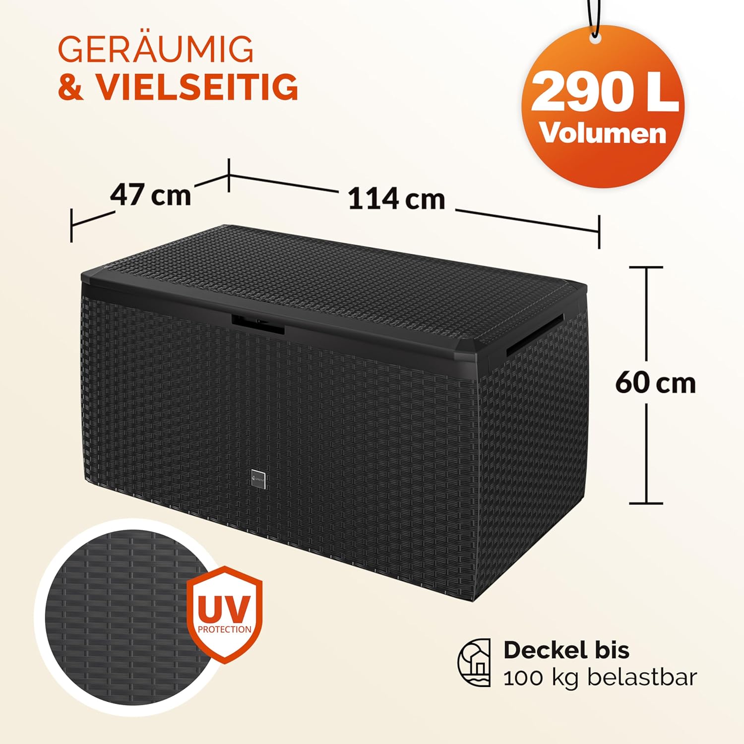 Casaria® Gartenbox Auflagenbox abschließbar Anthrazit 290L UV-beständig Haltegriffe Rollen Verschlussvorrichtung Balkon Garten Kissenbox Aufbewahrungsbox 114x47cm Wetterfest Korbgeflecht — Ansicht 6