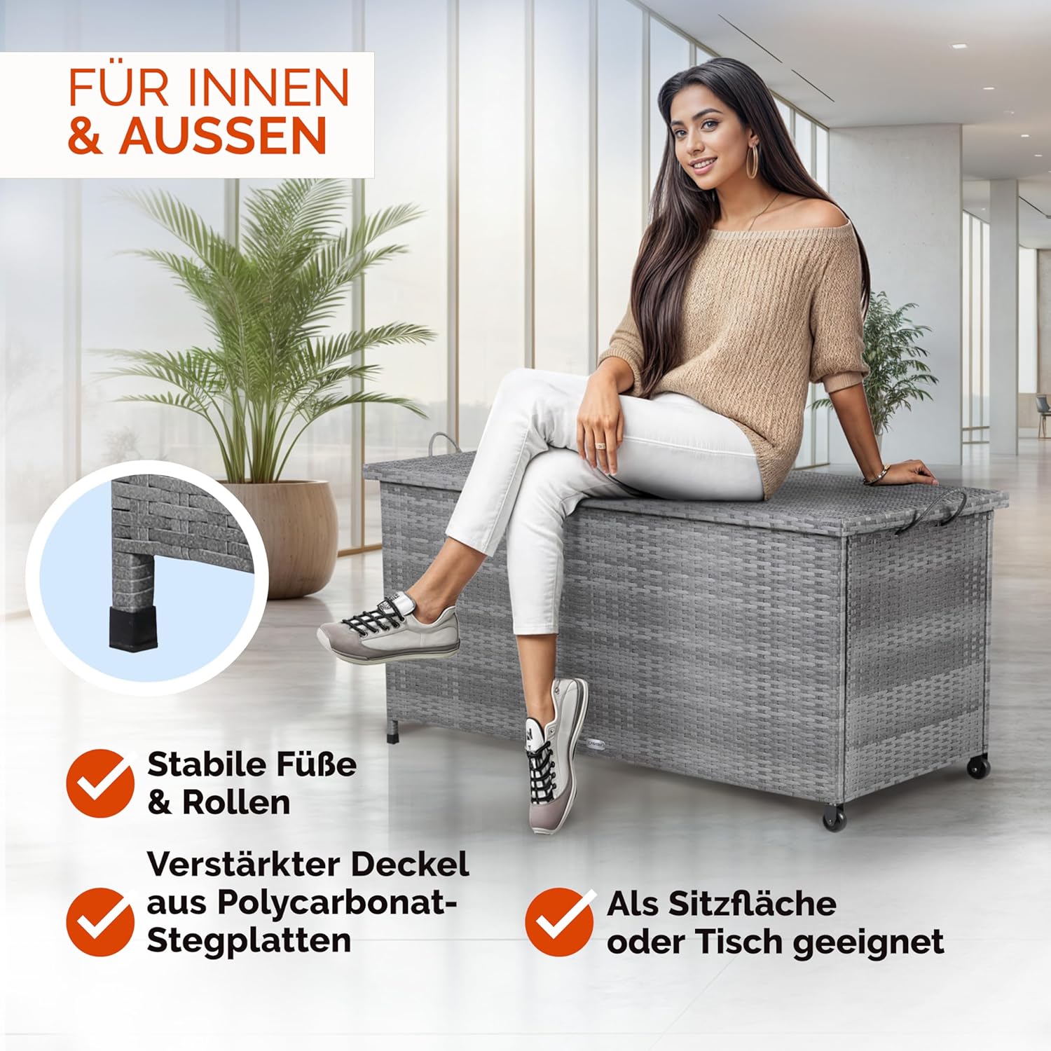 Casaria® Gartenbox Auflagenbox mit Rollen 270L Stauraum UV-beständig Handgriffe Gasdruckfeder Wetterfest 117x53cm Garten Balkon Aufbewahrungsbox Grau — Ansicht 5