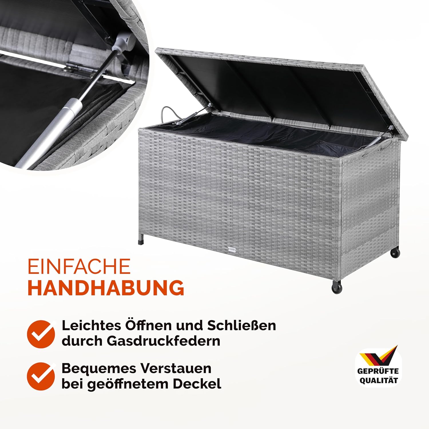 Casaria® Gartenbox Auflagenbox mit Rollen 270L Stauraum UV-beständig Handgriffe Gasdruckfeder Wetterfest 117x53cm Garten Balkon Aufbewahrungsbox Grau — Ansicht 6
