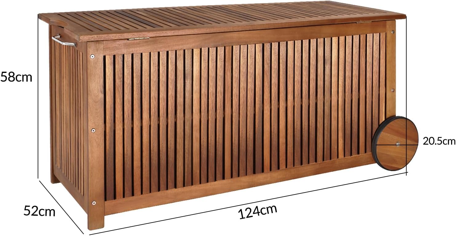 Casaria® Gartenbox Holz 350L Deckel 160kg belastbar Räder Griff Innenplane Ablaufkante Garten Stauraum Box Auflagenbox Akazie Wetterfest 117x52cm — Ansicht 2