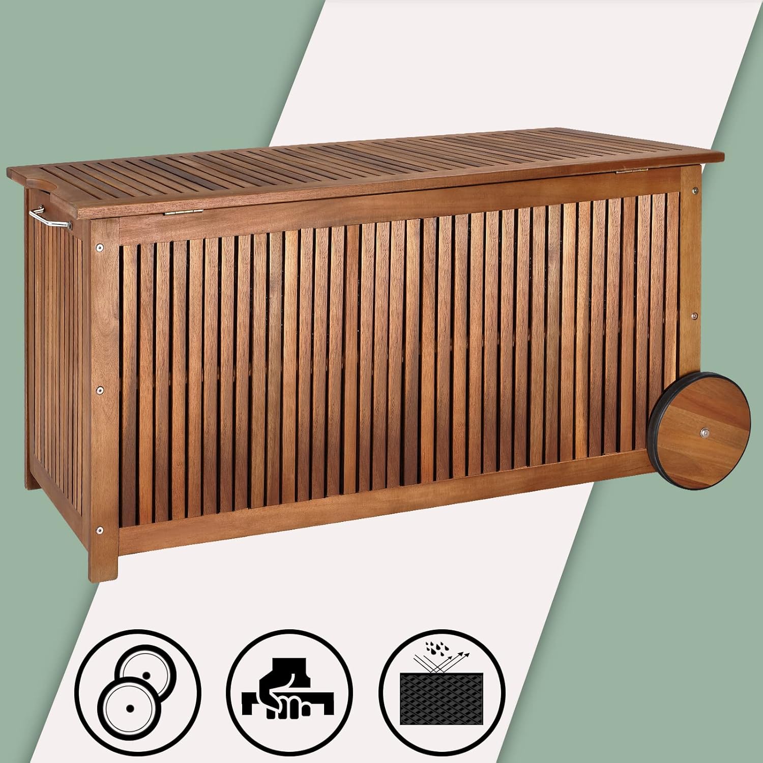 Casaria® Gartenbox Holz 350L Deckel 160kg belastbar Räder Griff Innenplane Ablaufkante Garten Stauraum Box Auflagenbox Akazie Wetterfest 117x52cm — Ansicht 4